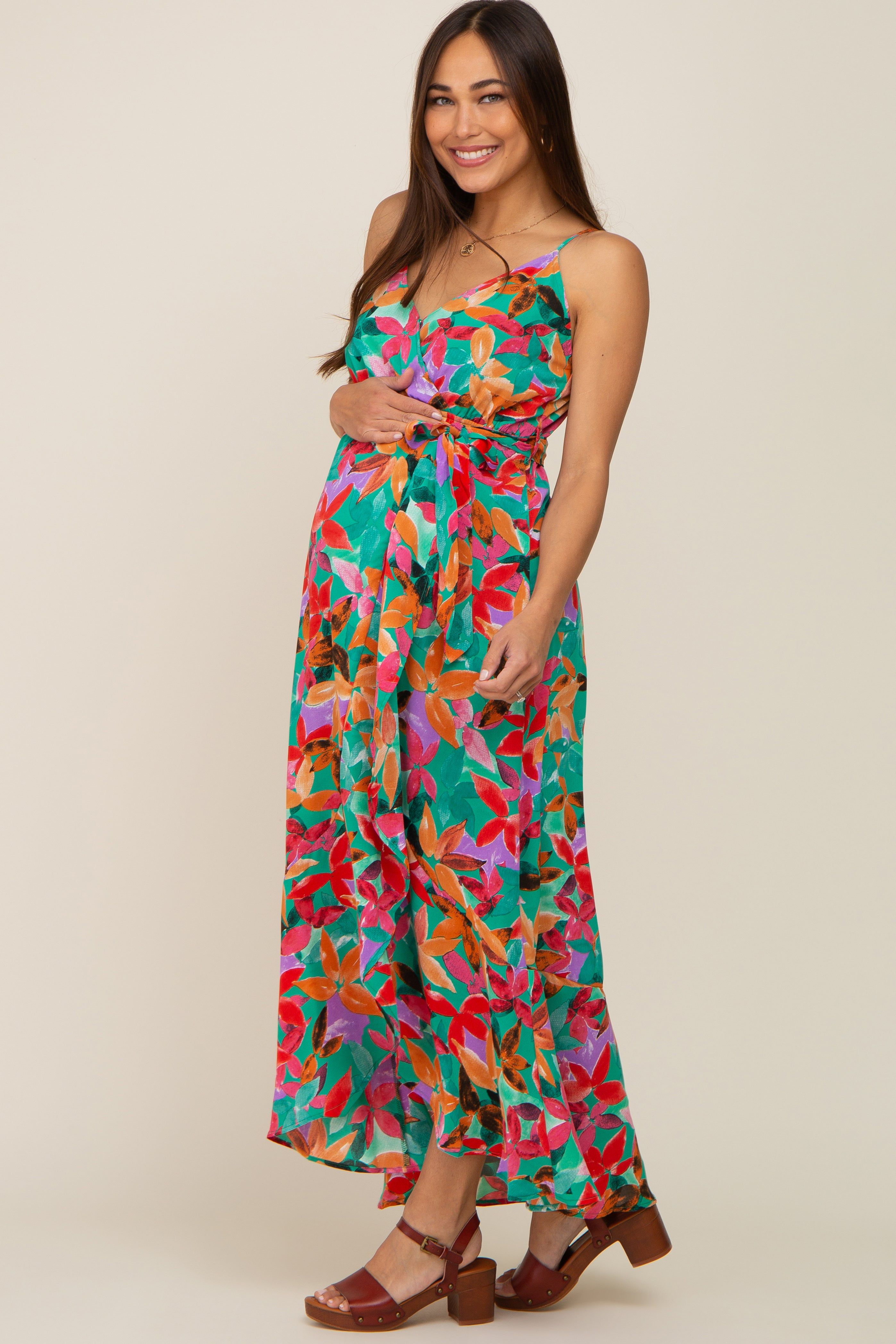 Green Floral Hi-Lo Maternity Wrap Maxi Dress sold by Pinkblush product image thumbnail 2