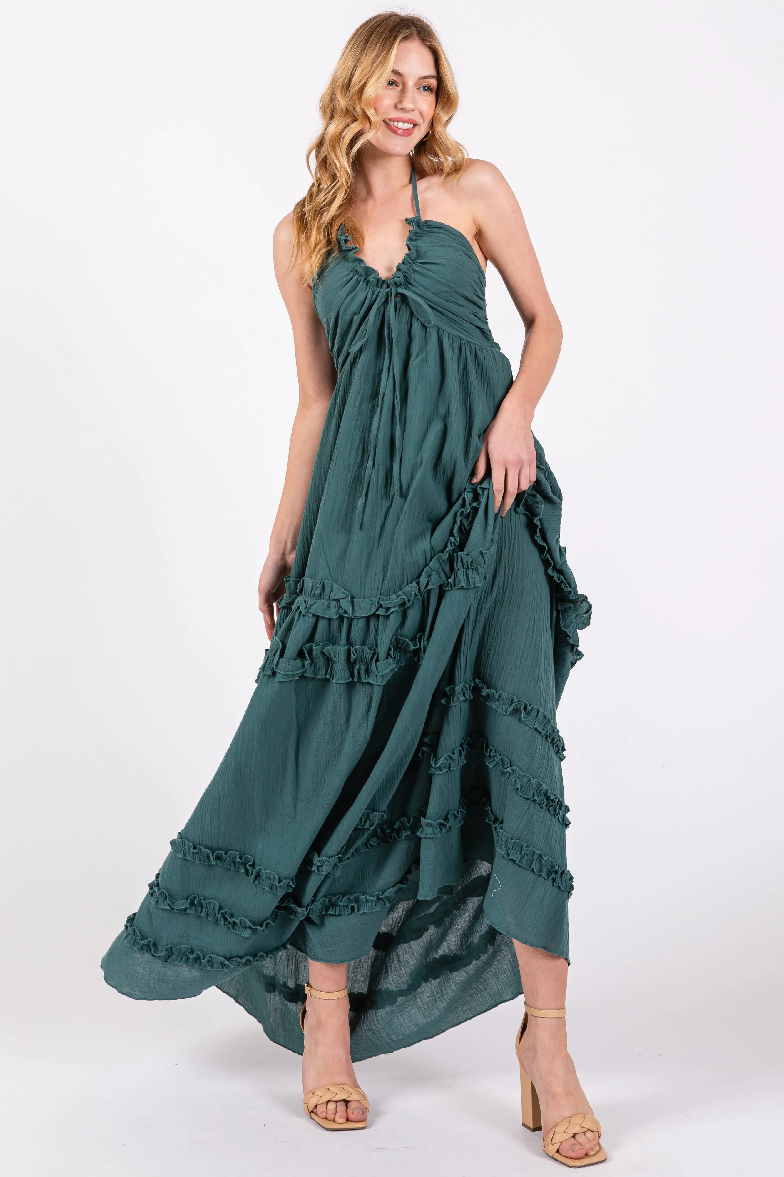 Dark Teal Ruffle Ruched Deep V-Neck Maxi Dress sold by Pinkblush product image thumbnail 4