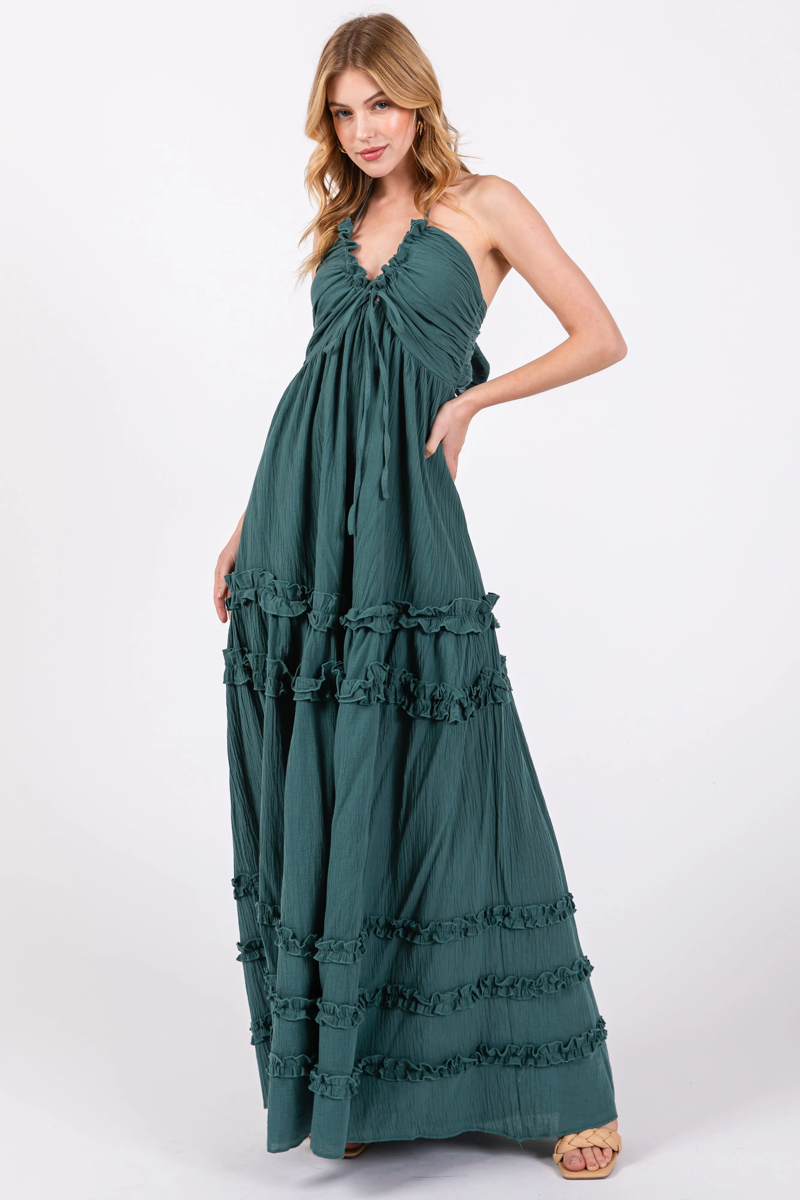 Dark Teal Ruffle Ruched Deep V-Neck Maxi Dress sold by Pinkblush