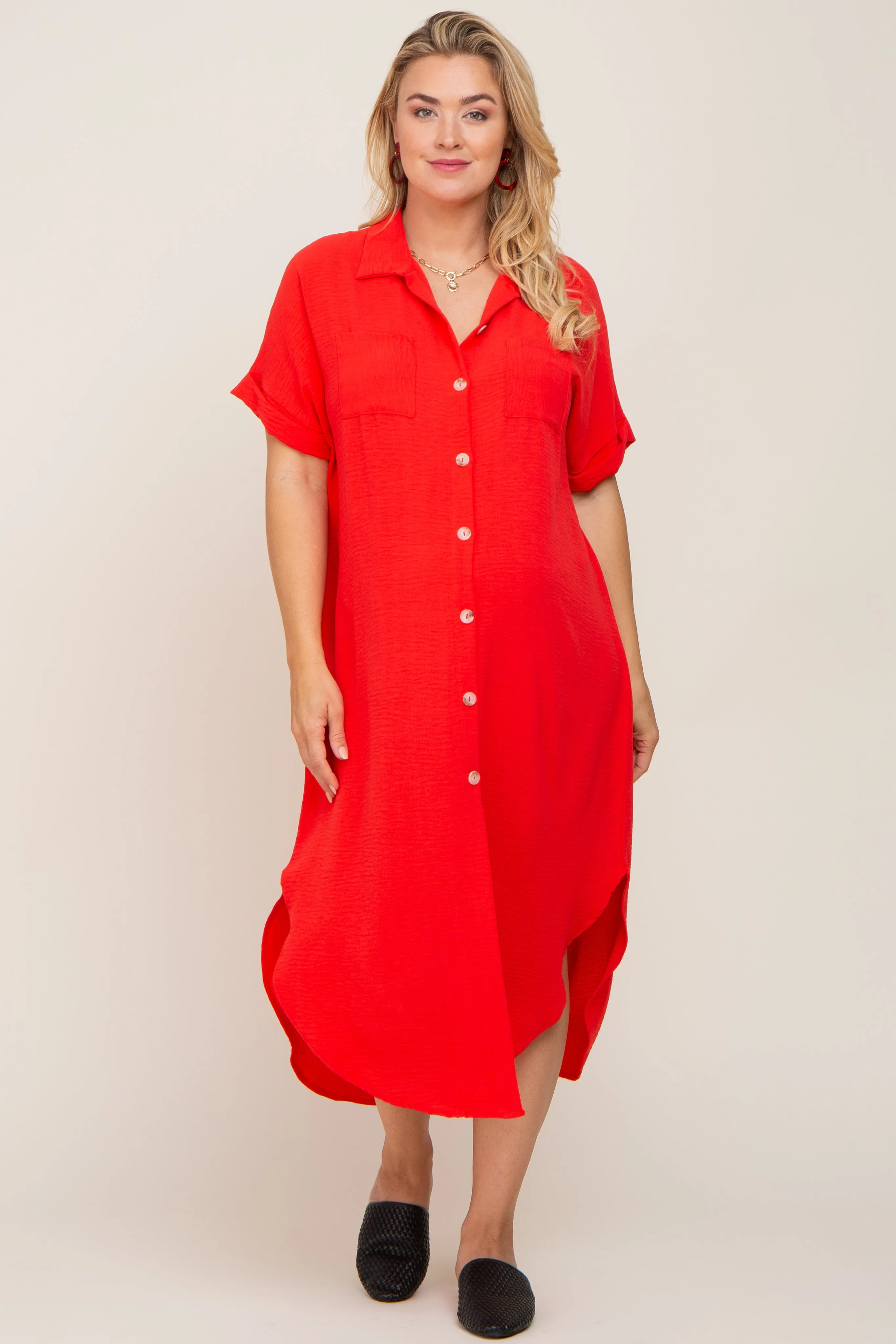 Red Button Down Hi Low Maternity Plus Maxi Dress sold by Pinkblush product image thumbnail 4