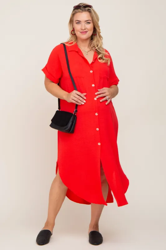 Red Button Down Hi Low Maternity Plus Maxi Dress sold by Pinkblush