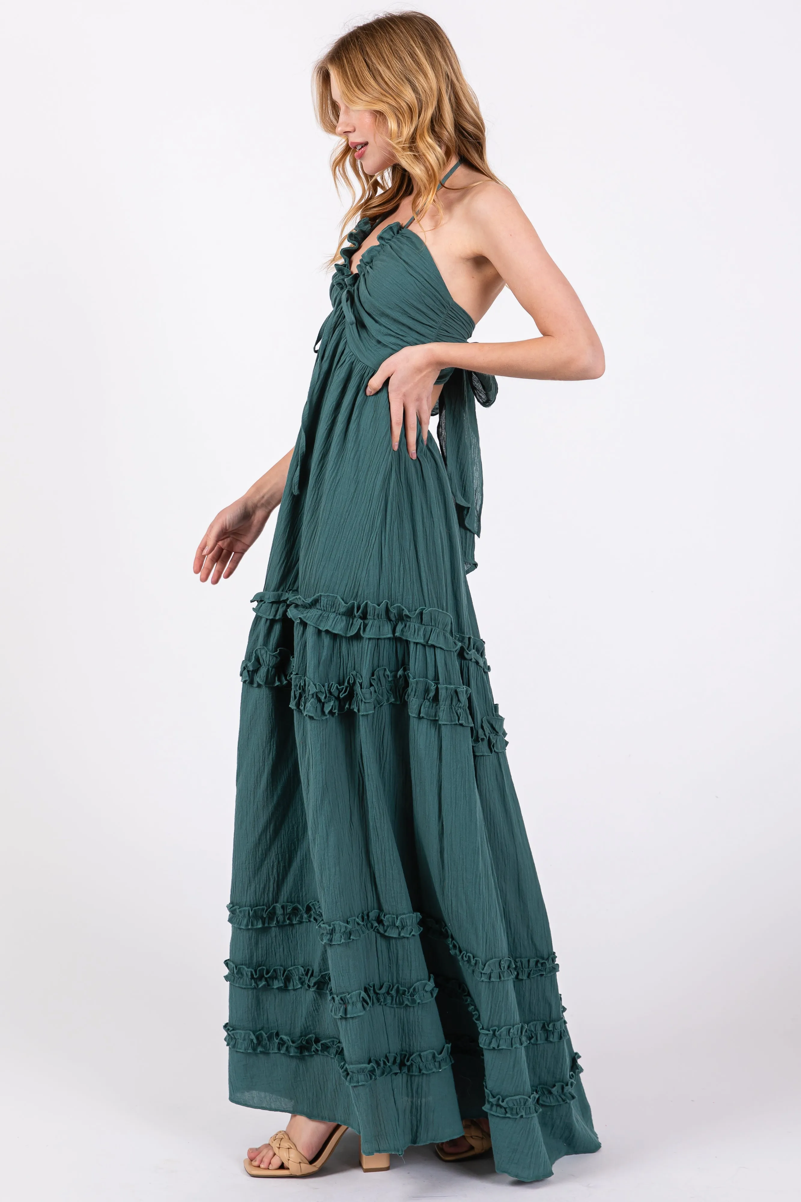 Dark Teal Ruffle Ruched Deep V-Neck Maxi Dress sold by Pinkblush product image thumbnail 2