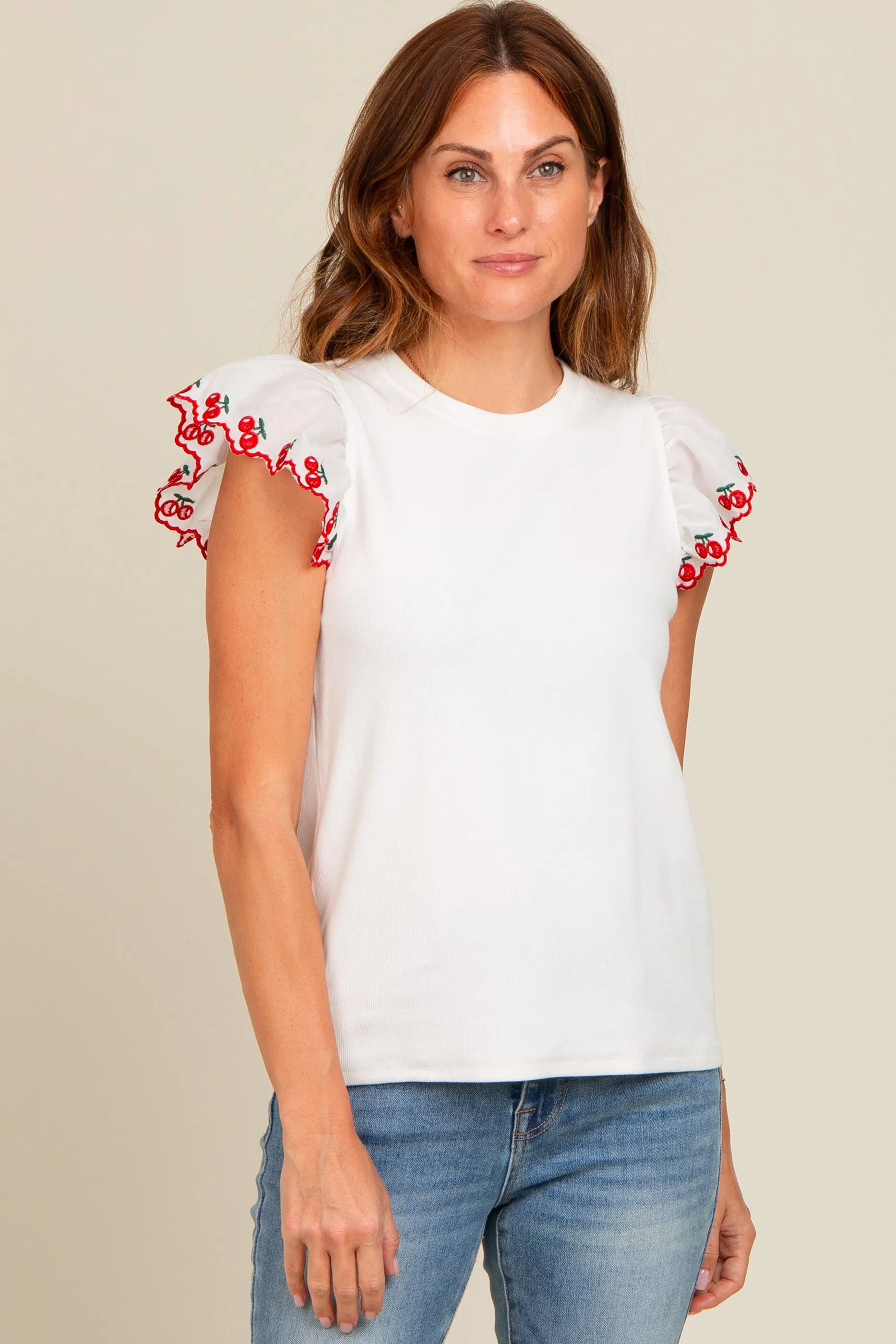 Ivory Embroidered Ruffle Sleeve Top sold by Pinkblush
