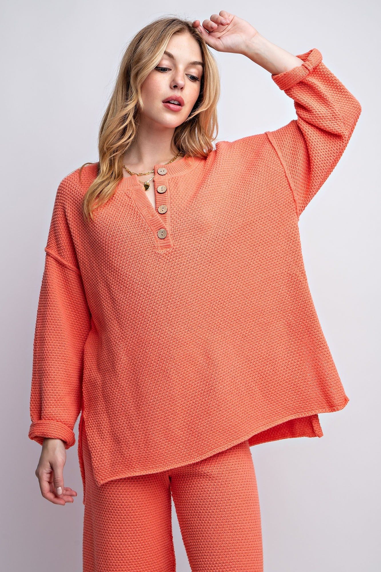 Burnt Orange Comfy Waffle Knitting Pullover sold by Pinkblush