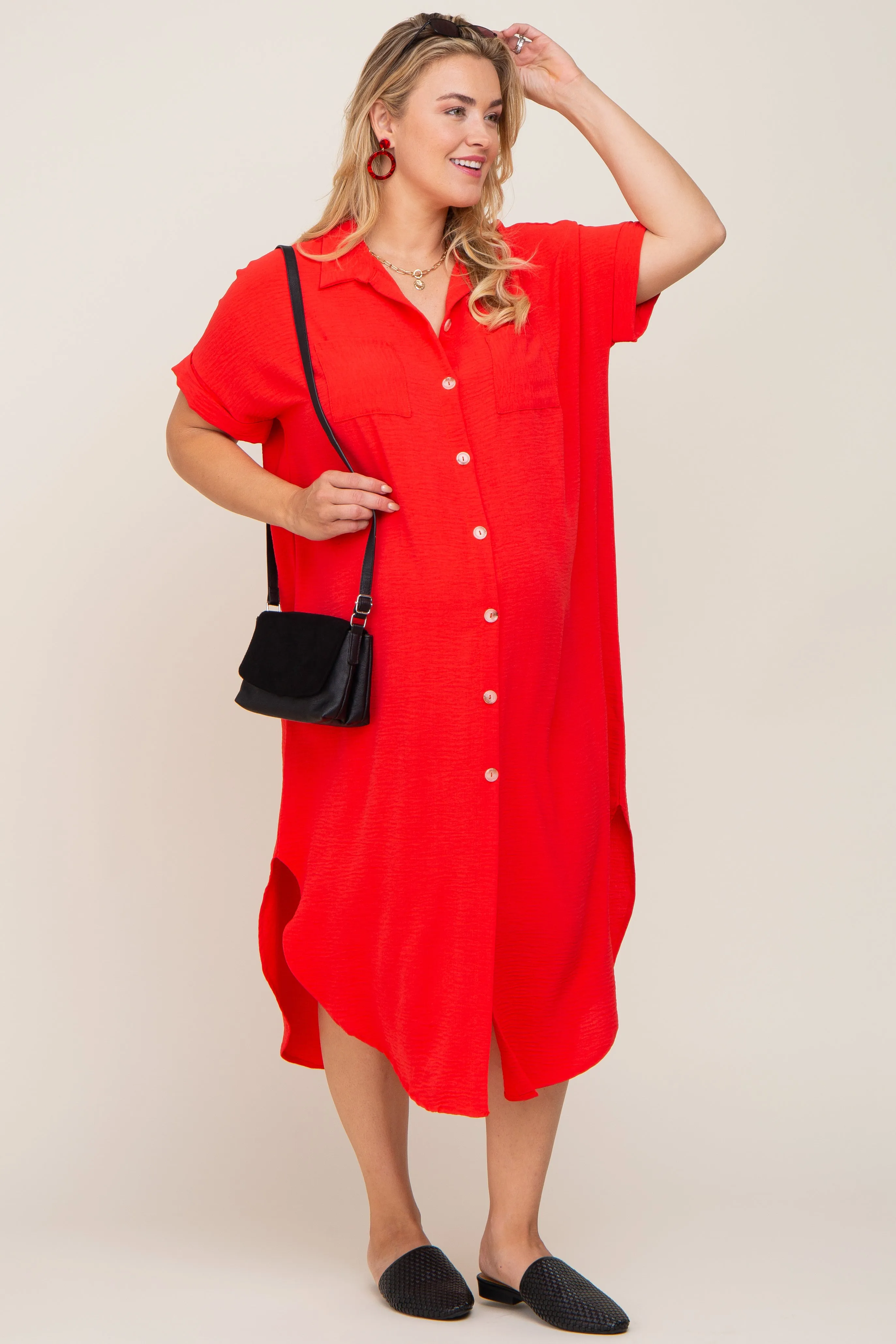 Red Button Down Hi Low Maternity Plus Maxi Dress sold by Pinkblush product image thumbnail 5