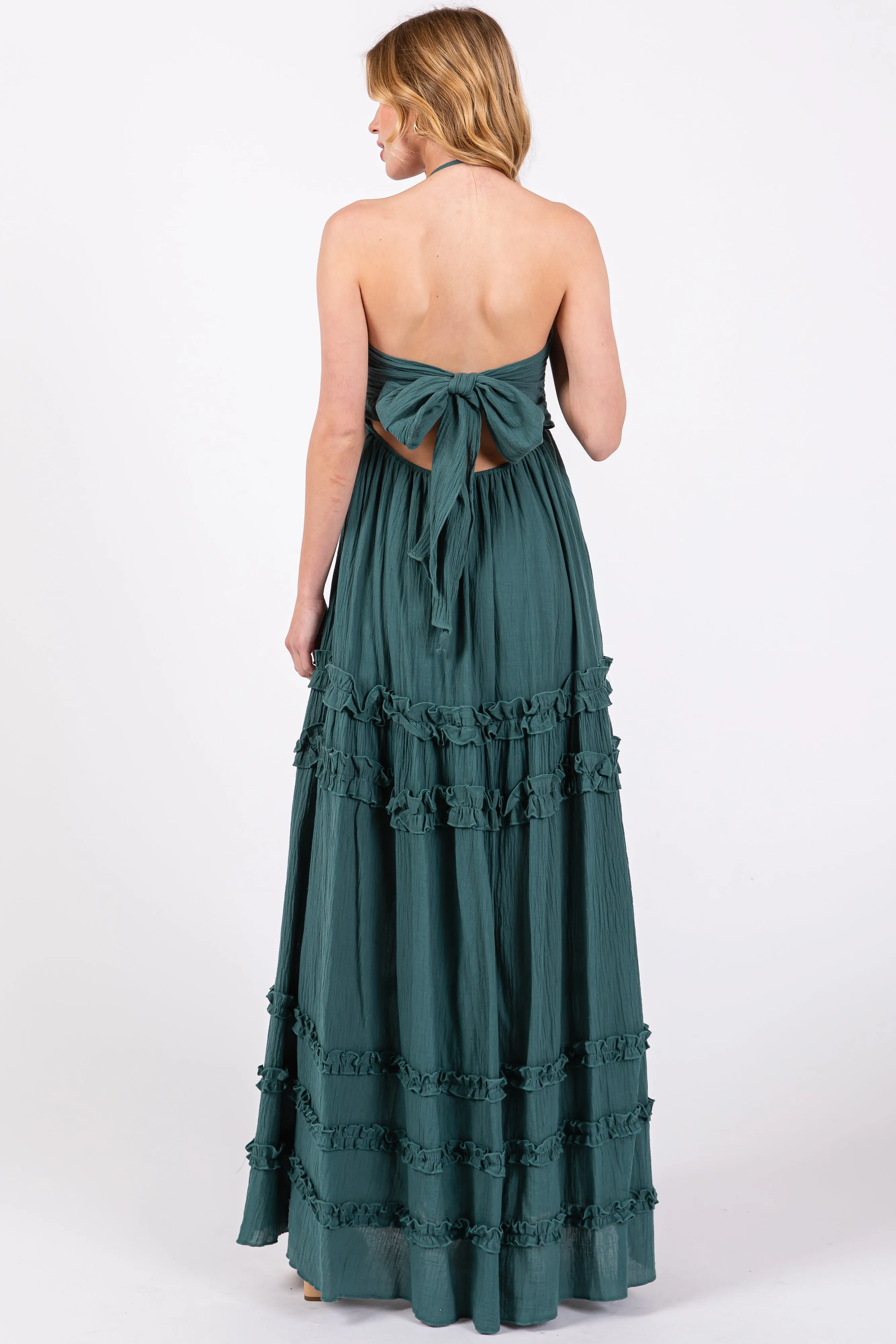 Dark Teal Ruffle Ruched Deep V-Neck Maxi Dress sold by Pinkblush product image thumbnail 3