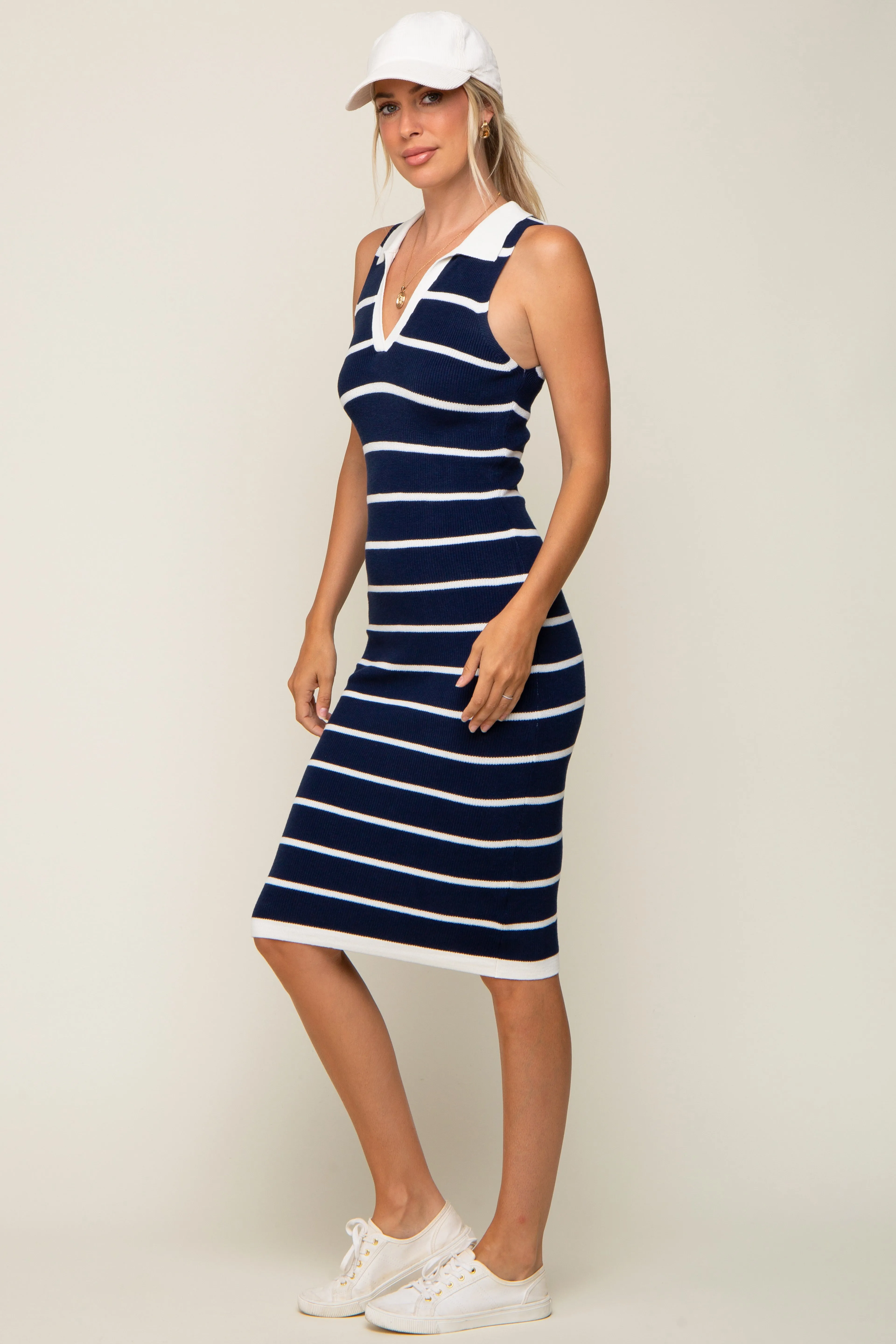 Navy Blue Striped Sleeveless Collared Midi Dress sold by Pinkblush product image thumbnail 2