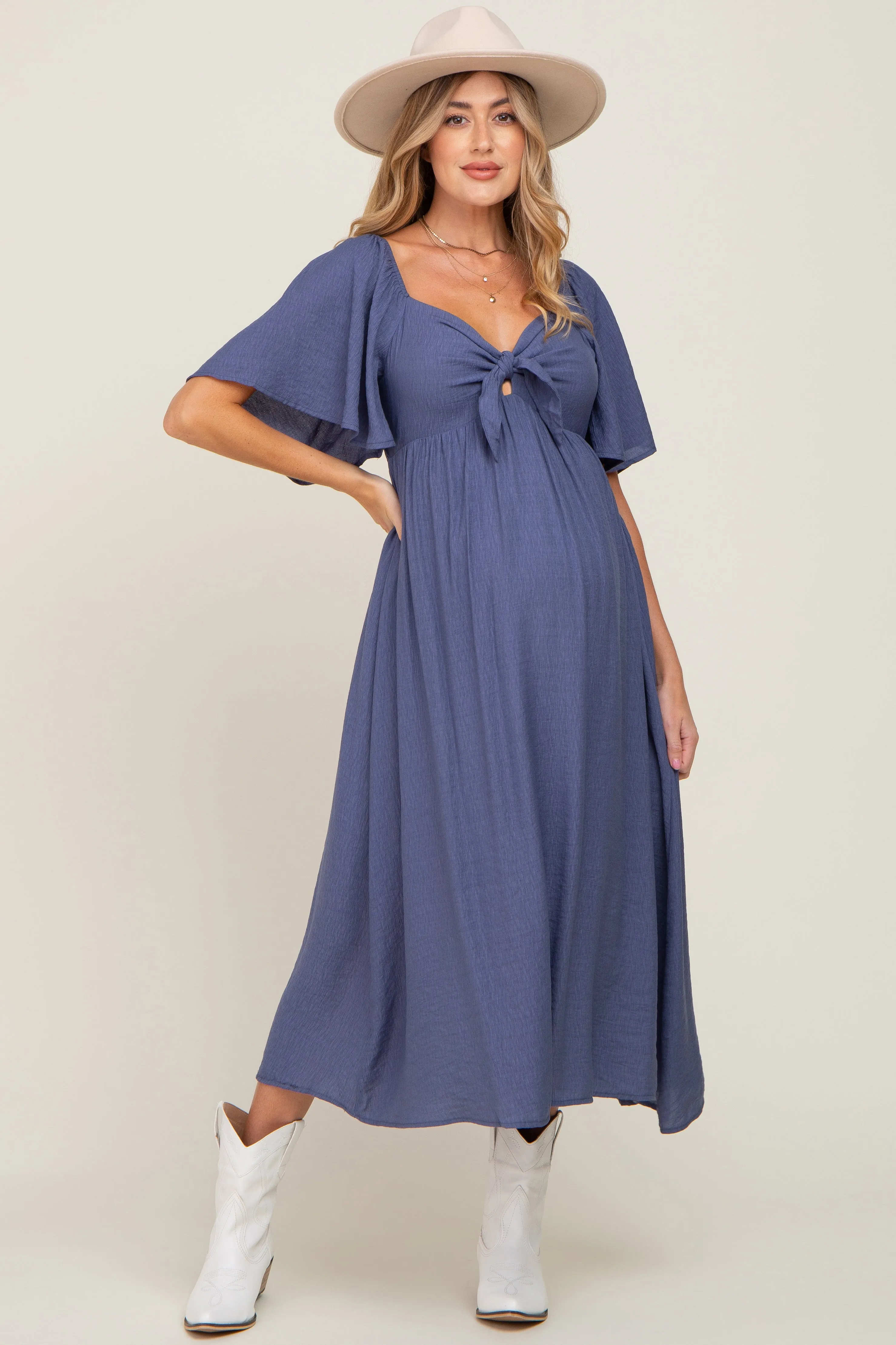 Navy Front Tie Ruffle Sleeve Maternity Midi Dress sold by Pinkblush product image thumbnail 5