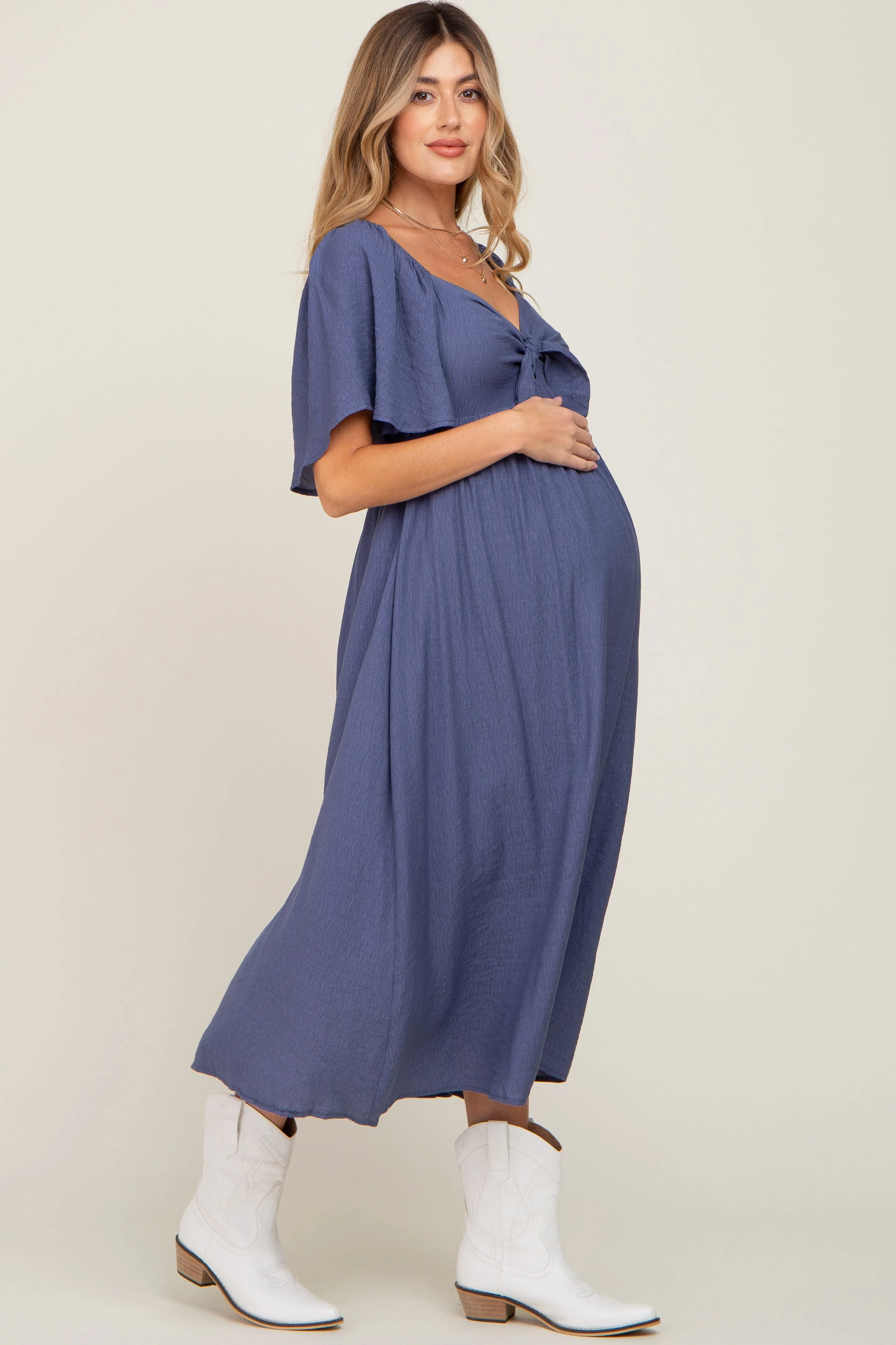 Navy Front Tie Ruffle Sleeve Maternity Midi Dress sold by Pinkblush product image thumbnail 2
