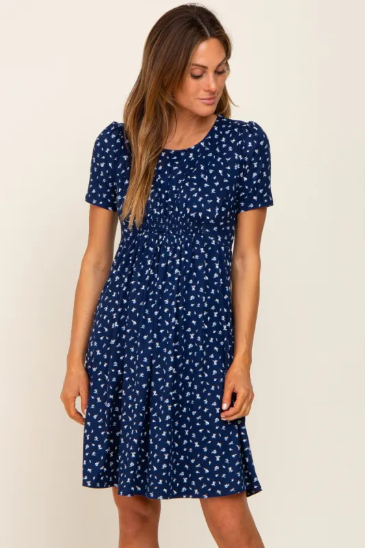 Navy Floral Smocked Short Sleeve Dress sold by Pinkblush