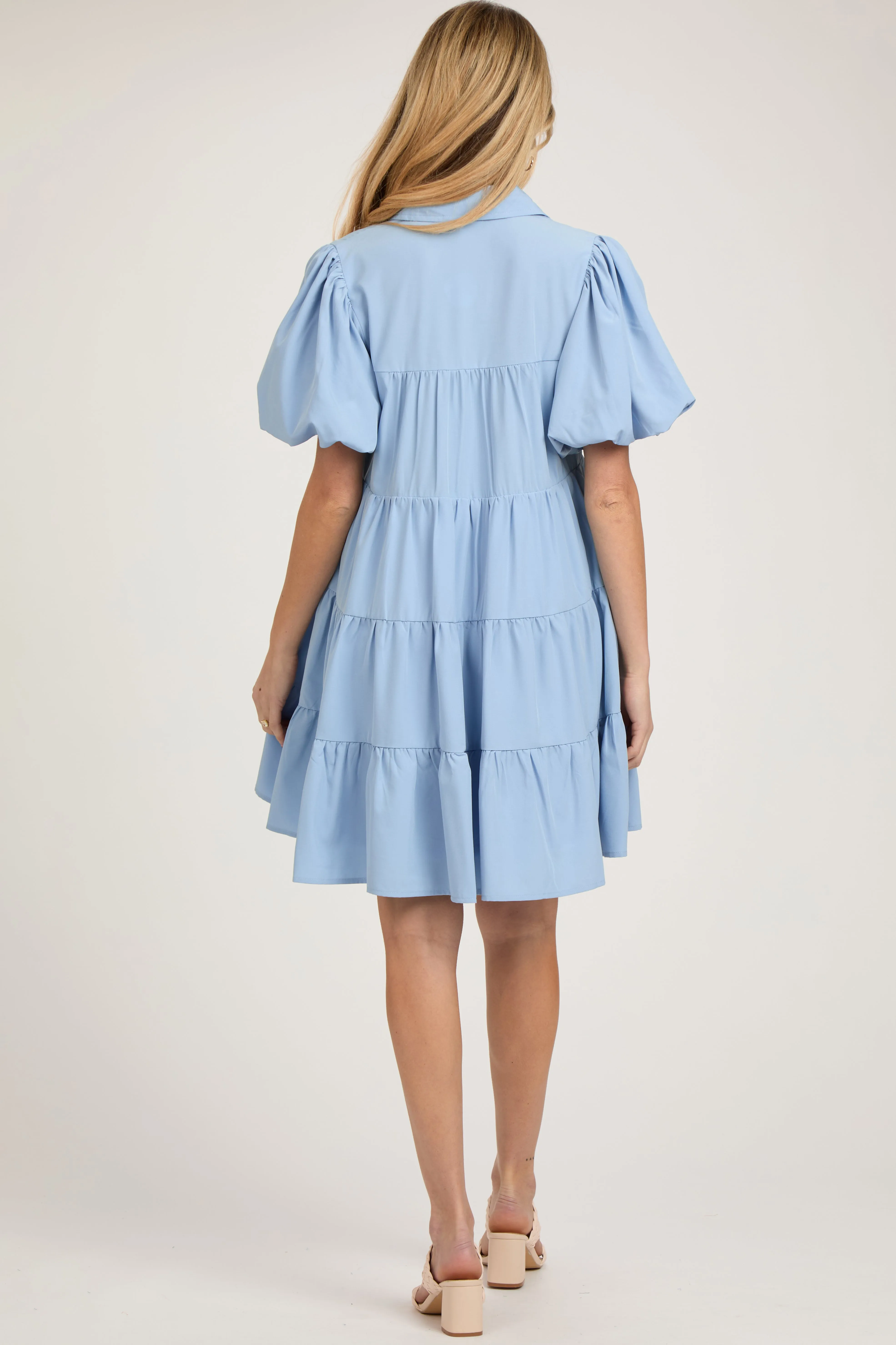 Light Blue Puff Sleeve Maternity Mini Shirt Dress sold by Pinkblush product image thumbnail 2