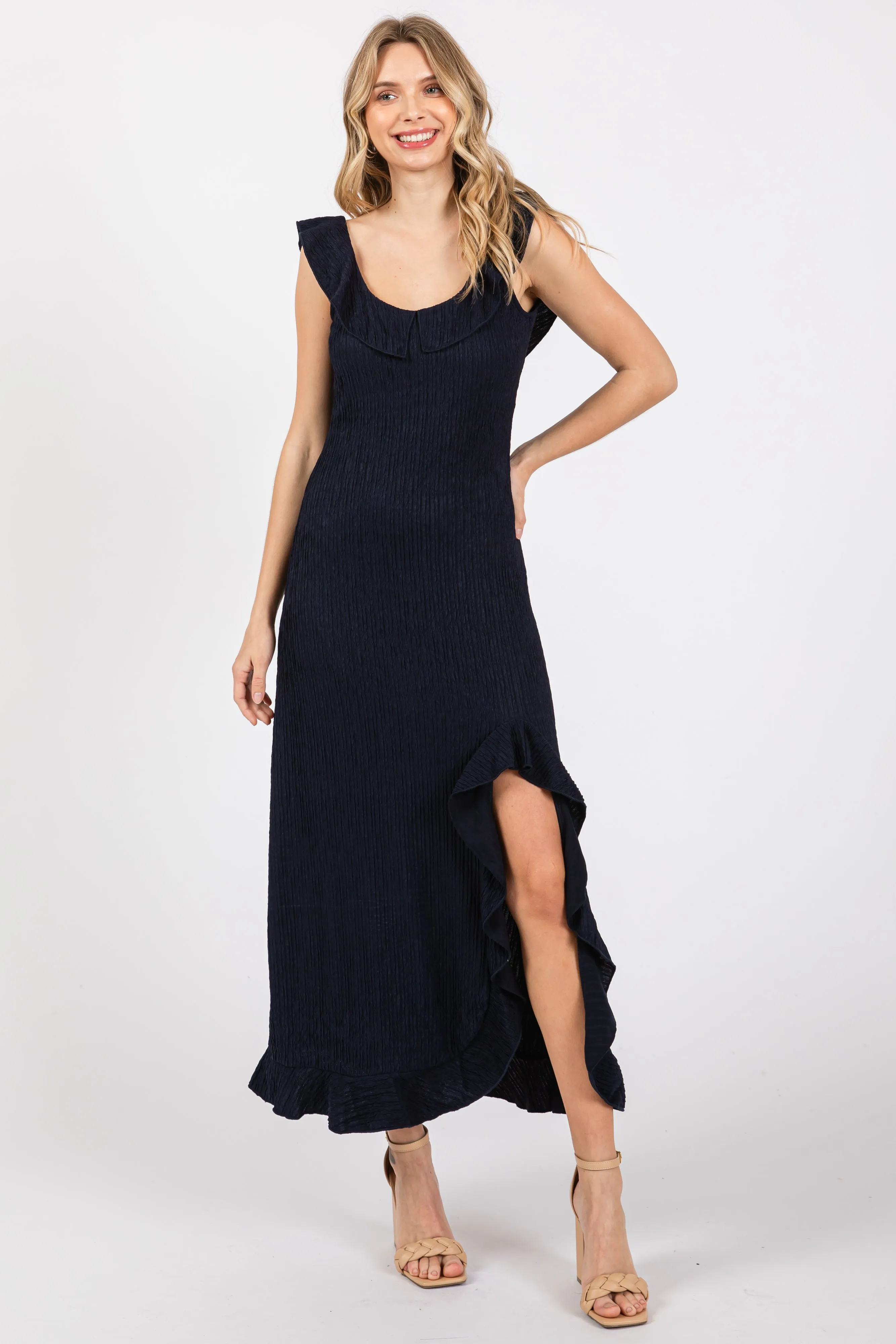 Navy Textured Sleeveless Ruffle Slit Maternity Maxi Dress sold by Pinkblush product image thumbnail 5