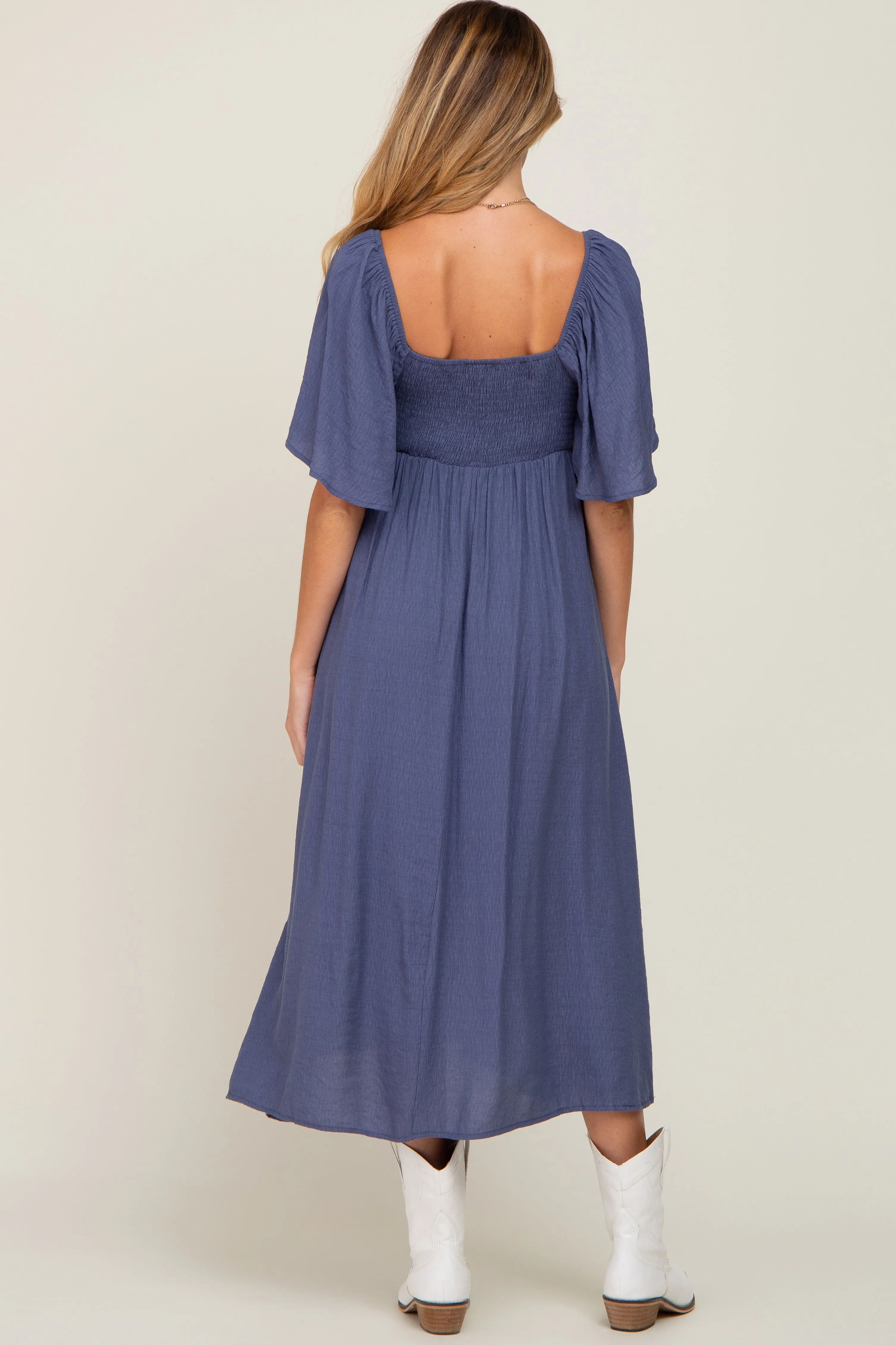 Navy Front Tie Ruffle Sleeve Maternity Midi Dress sold by Pinkblush product image thumbnail 3
