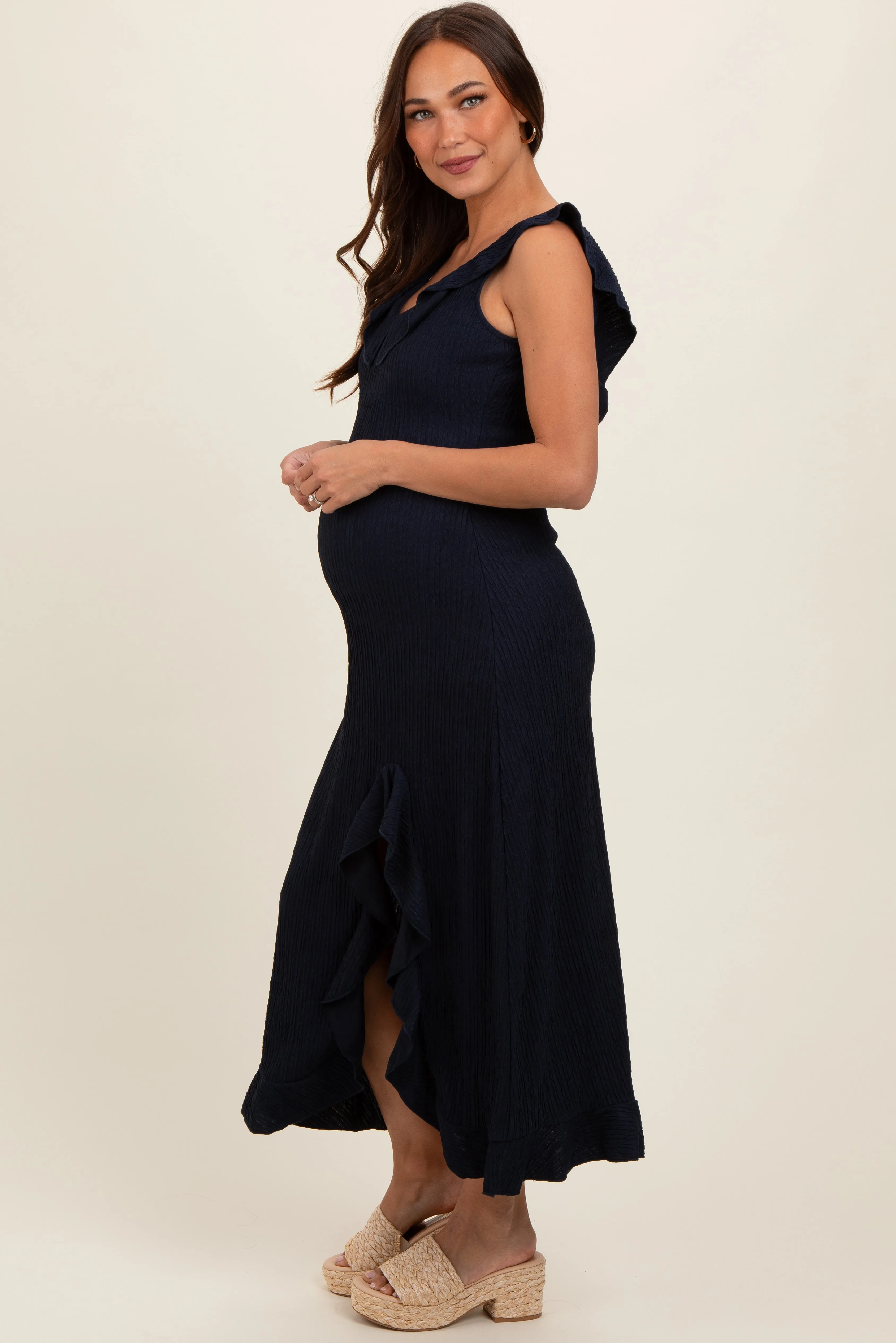Navy Textured Sleeveless Ruffle Slit Maternity Maxi Dress sold by Pinkblush product image thumbnail 3