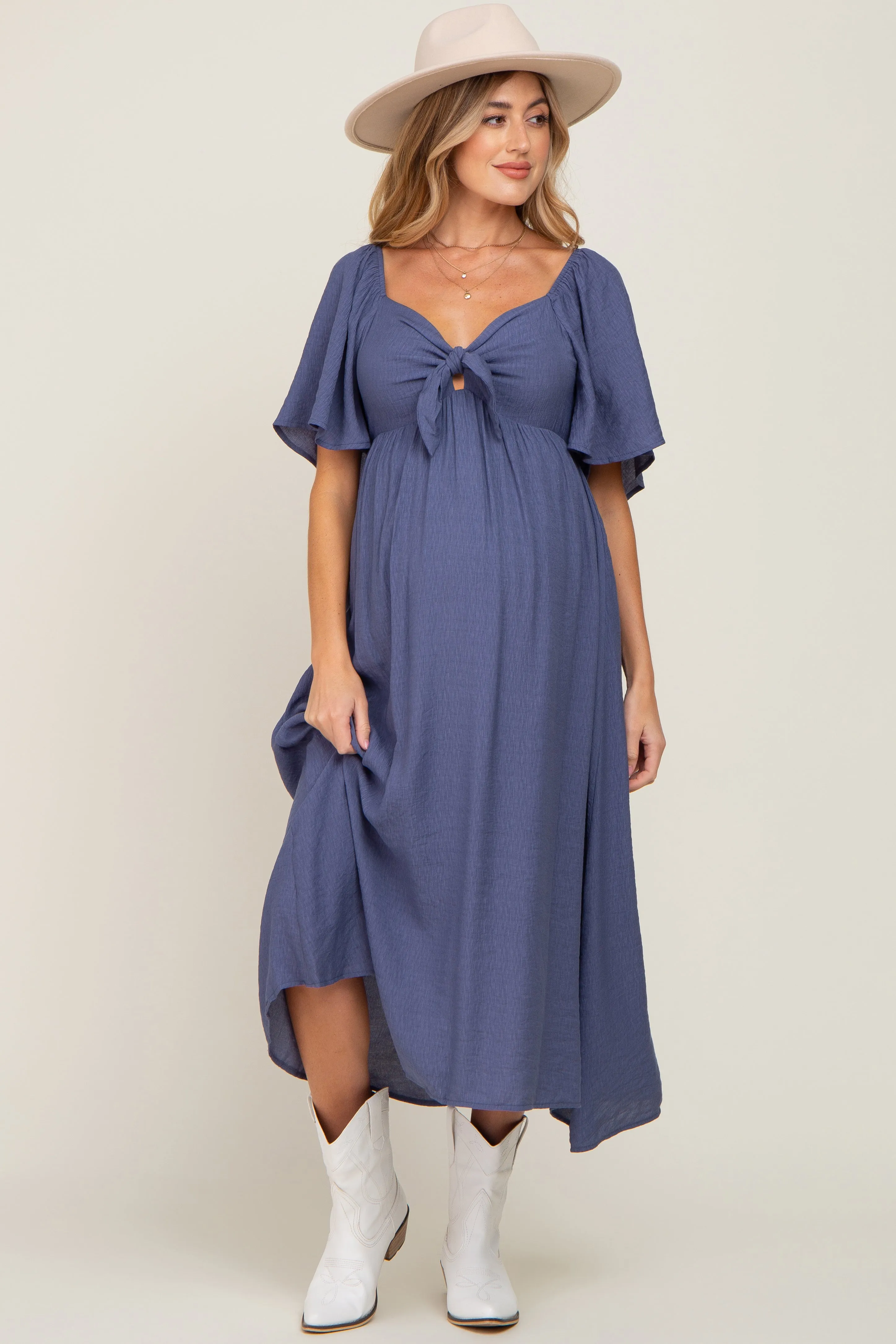 Navy Front Tie Ruffle Sleeve Maternity Midi Dress sold by Pinkblush product image thumbnail 4