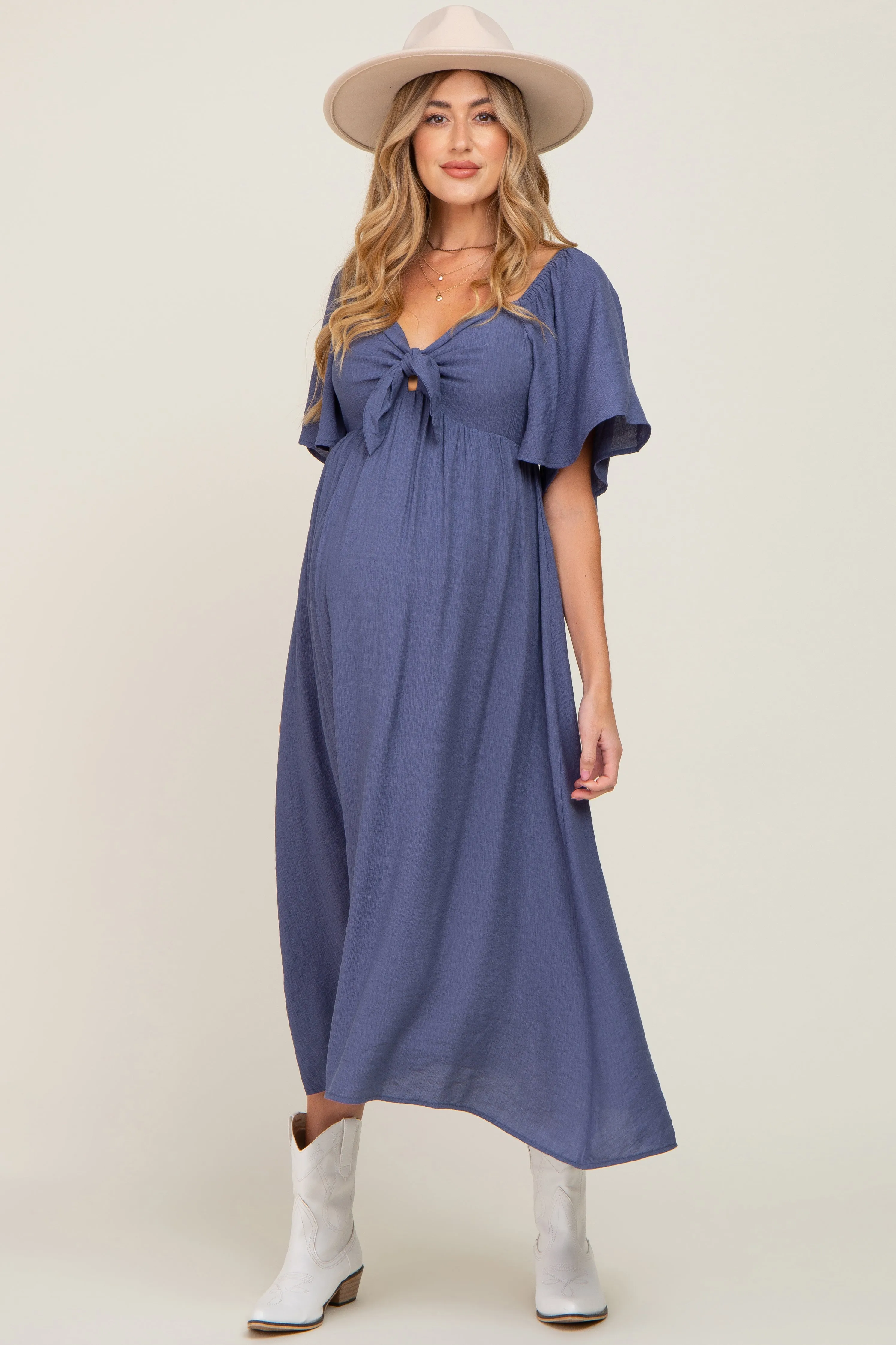 Navy Front Tie Ruffle Sleeve Maternity Midi Dress sold by Pinkblush