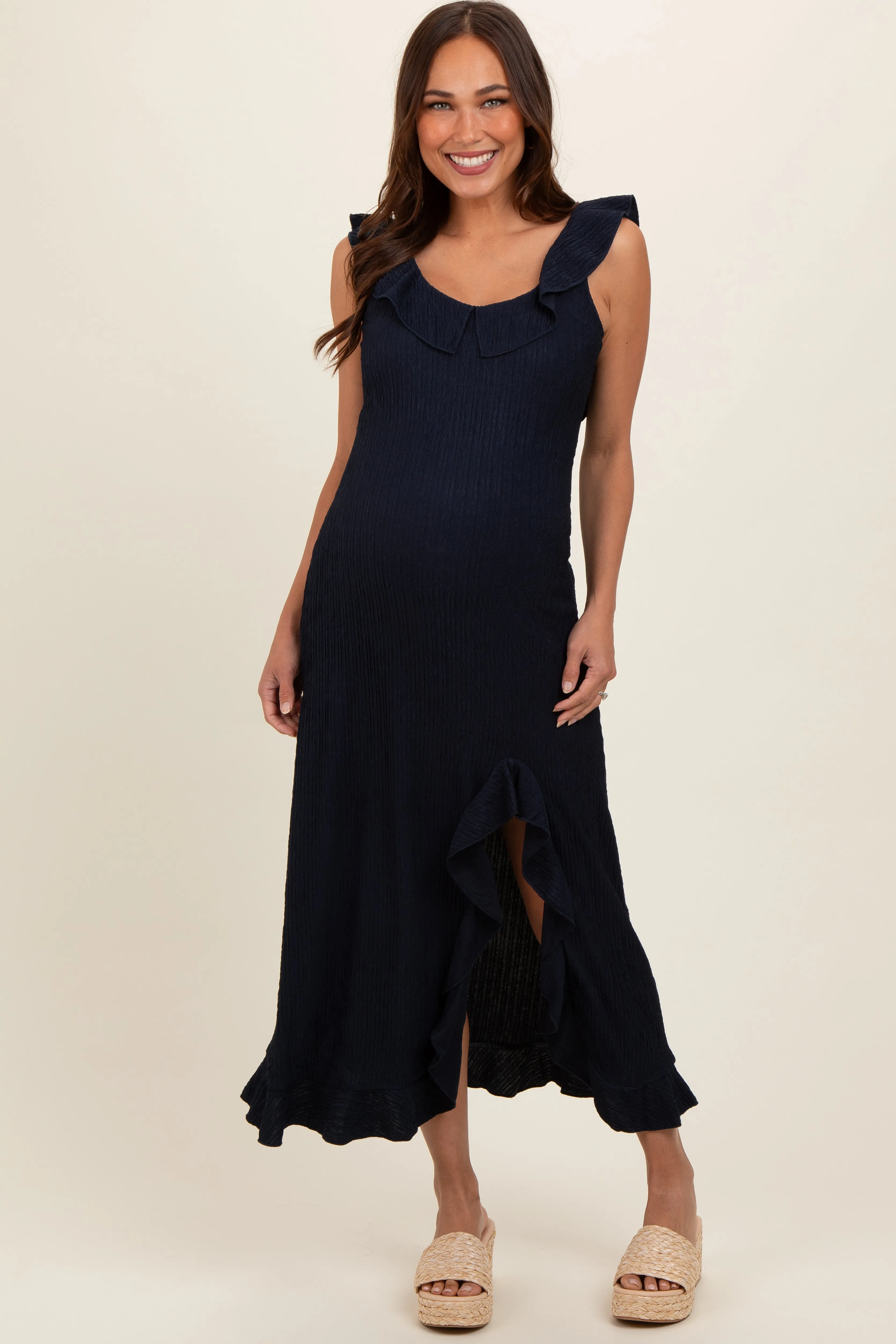 Navy Textured Sleeveless Ruffle Slit Maternity Maxi Dress sold by Pinkblush