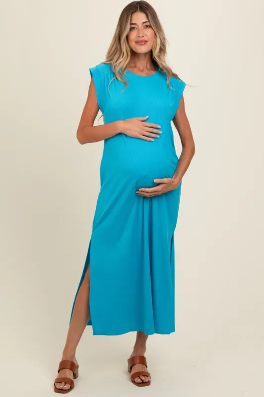 Blue Short Dolman Sleeve Side Slit Maternity Maxi Dress sold by Pinkblush
