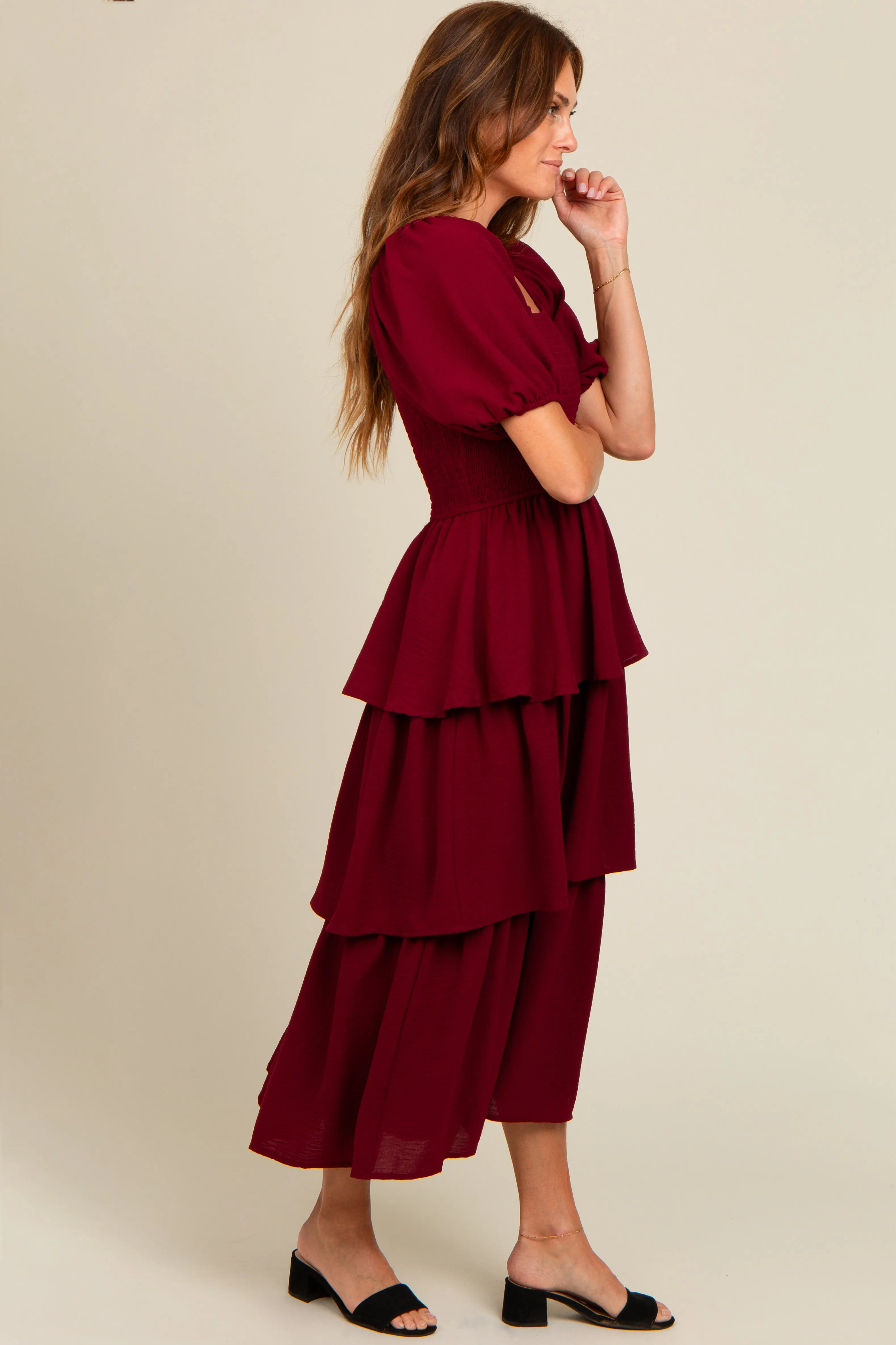 Burgundy Smocked Body Ruffled Tiered Midi Dress sold by Pinkblush product image thumbnail 3