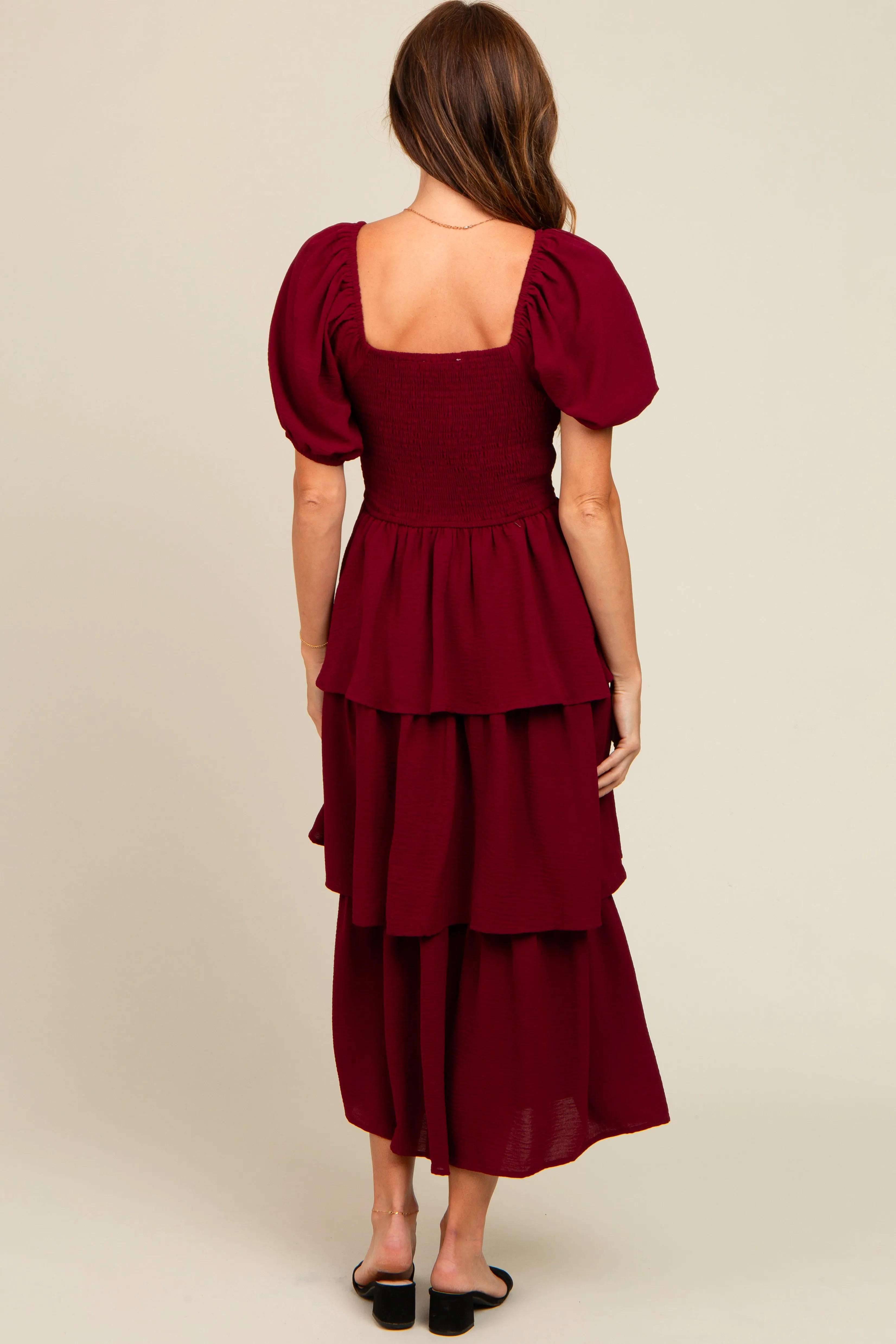 Burgundy Smocked Body Ruffled Tiered Midi Dress sold by Pinkblush product image thumbnail 4