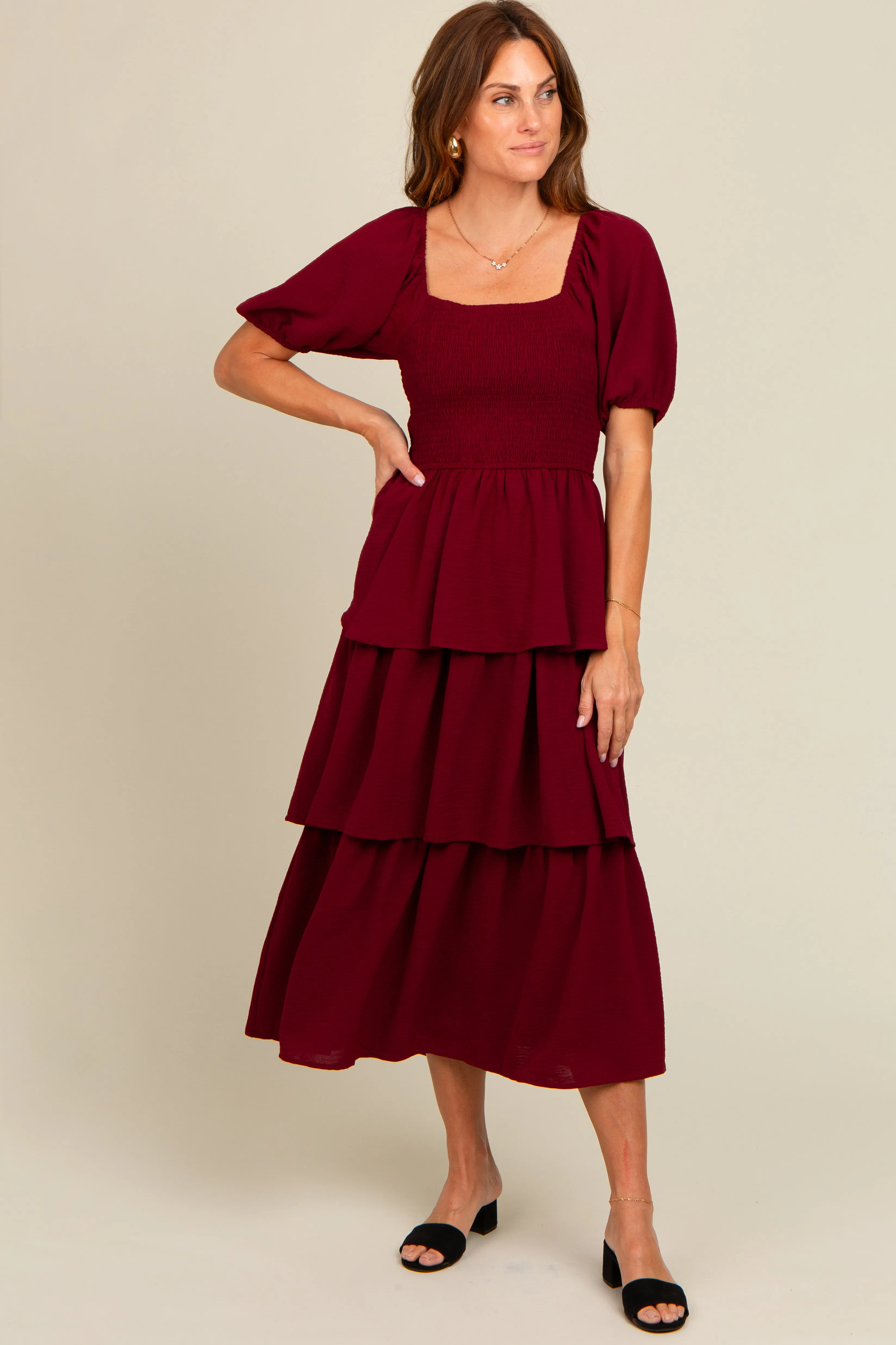 Burgundy Smocked Body Ruffled Tiered Midi Dress sold by Pinkblush