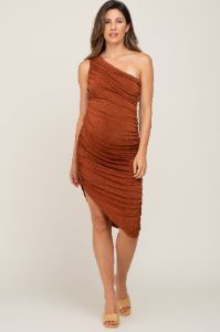 Rust One Shoulder Ruched Asymmetrical Maternity Midi Dress sold by Pinkblush