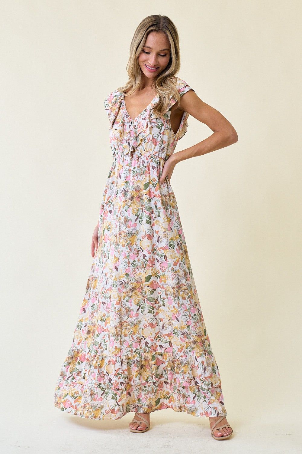 Pink Double V-Neck Ruffle Maxi Dress sold by Pinkblush