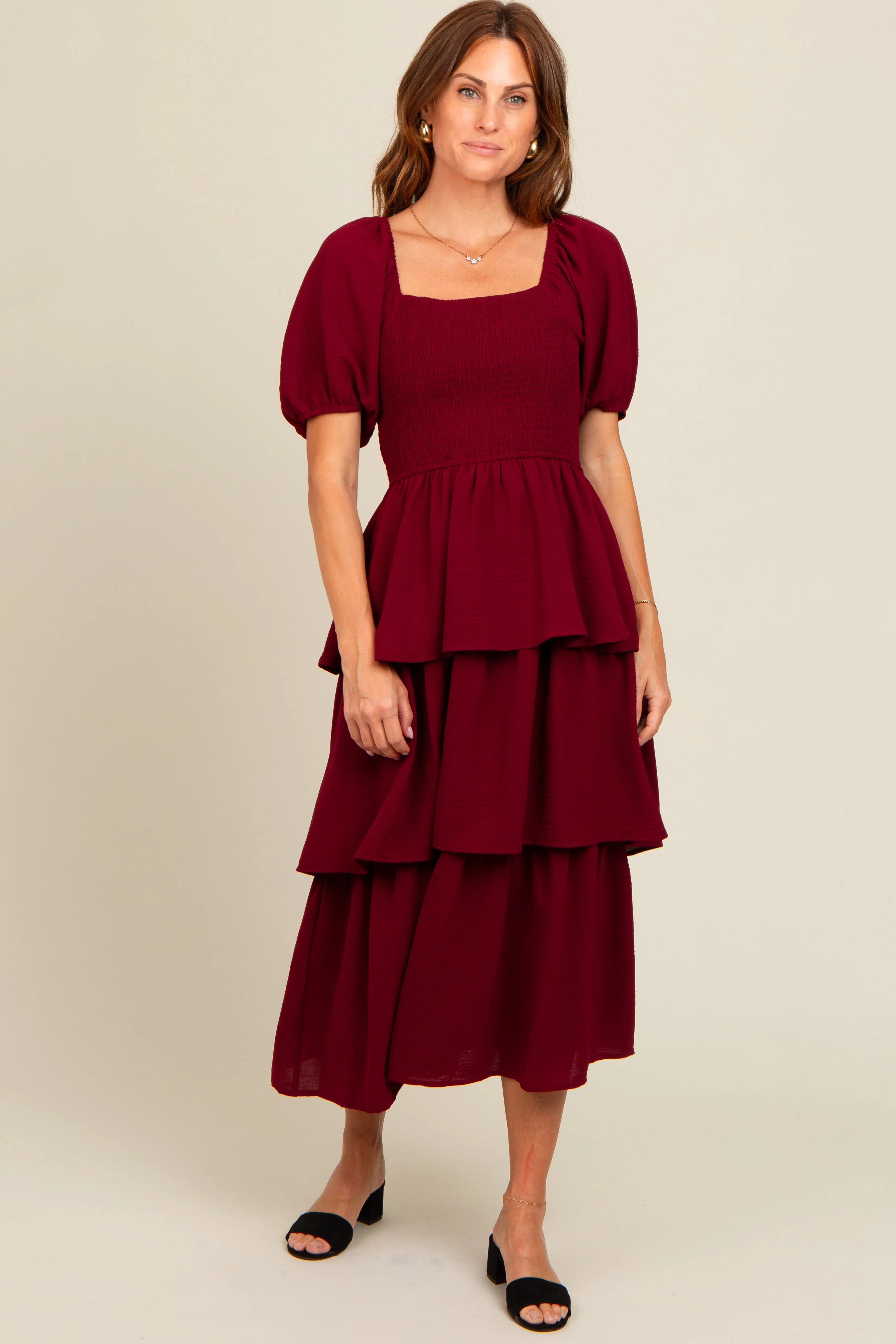 Burgundy Smocked Body Ruffled Tiered Midi Dress sold by Pinkblush product image thumbnail 2