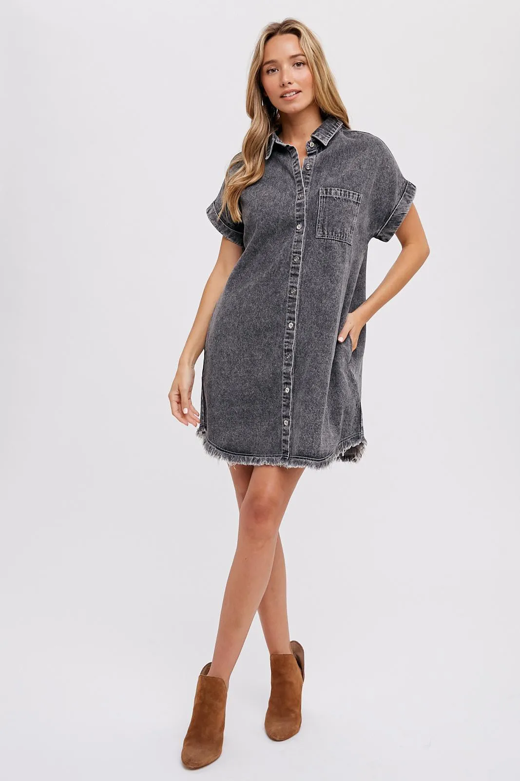 Black Acid Wash Denim Button Up Dress sold by Pinkblush