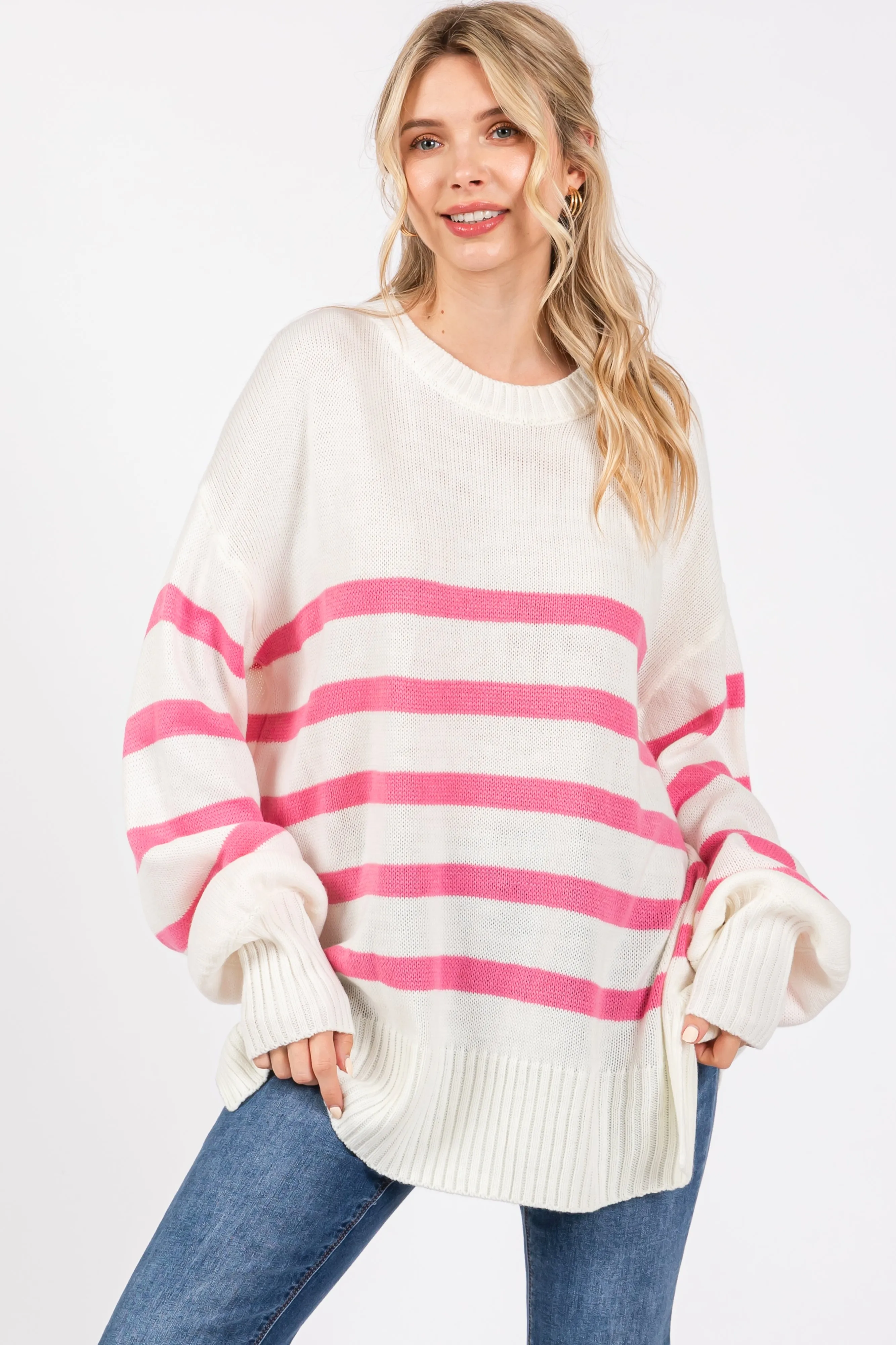 Pink Striped Oversized Side Slit Maternity Sweater sold by Pinkblush product image thumbnail 5