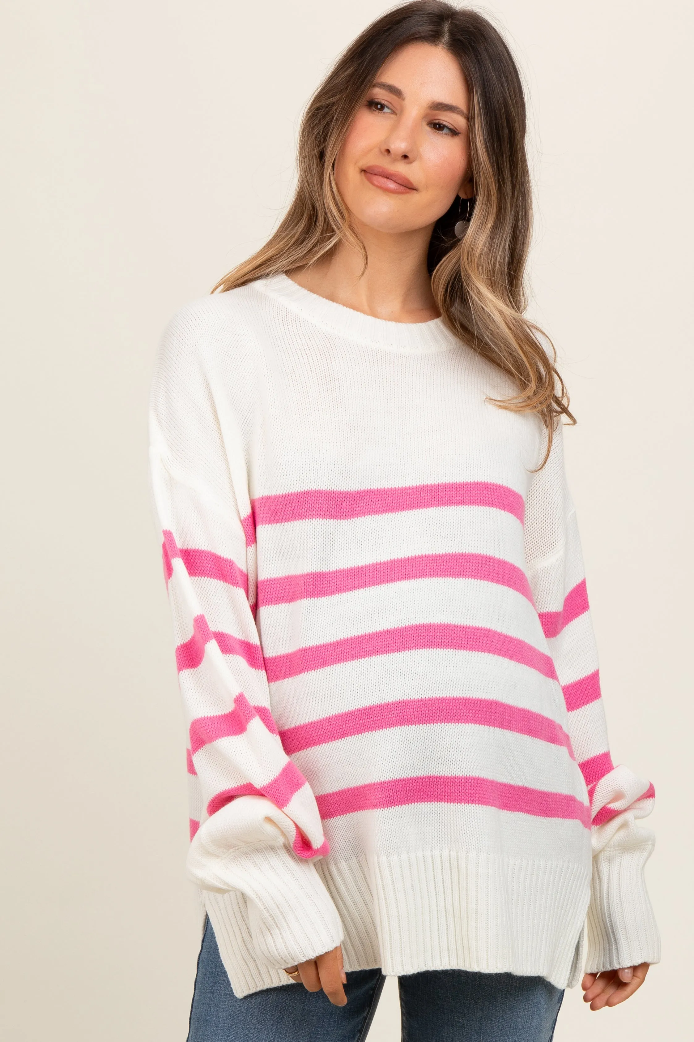 Pink Striped Oversized Side Slit Maternity Sweater sold by Pinkblush product image thumbnail 2