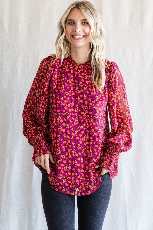 Magenta Floral Balloon Sleeve Blouse sold by Pinkblush