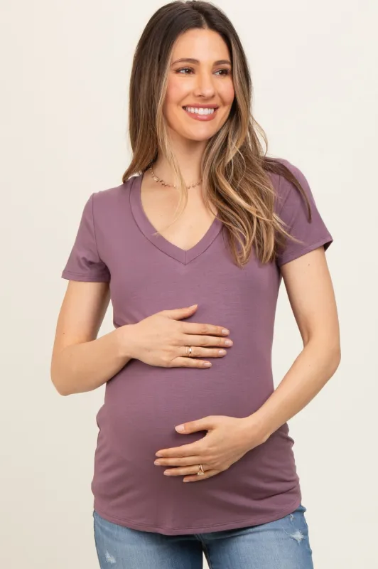 Purple V-Neck Short Sleeve Maternity Top sold by Pinkblush