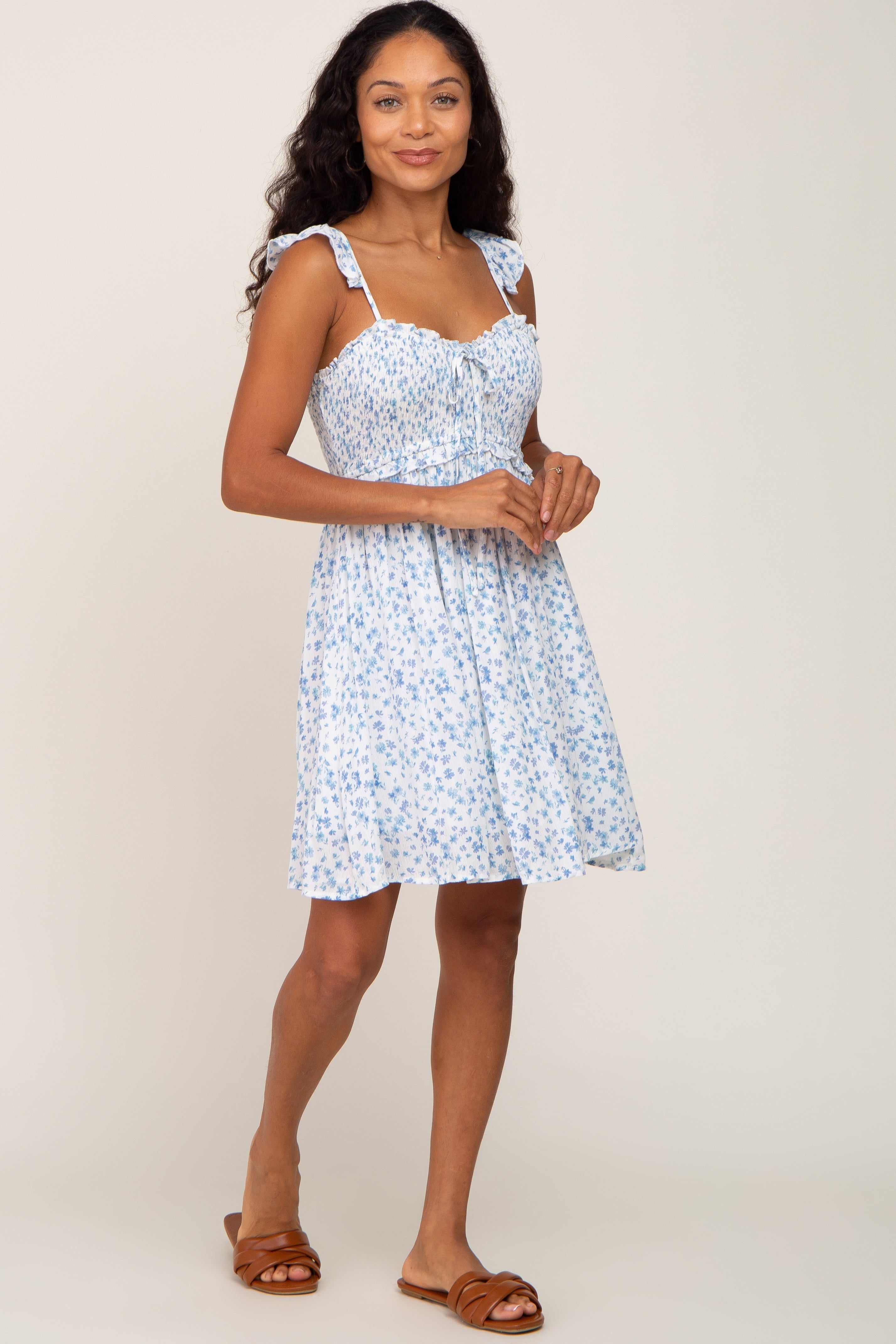 Blue Floral Smocked Ruffle Strap Mini Dress sold by Pinkblush product image thumbnail 4