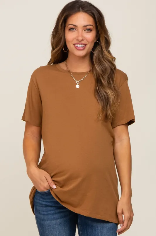Camel Oversized Short Sleeve Maternity Top made by Pinkblush