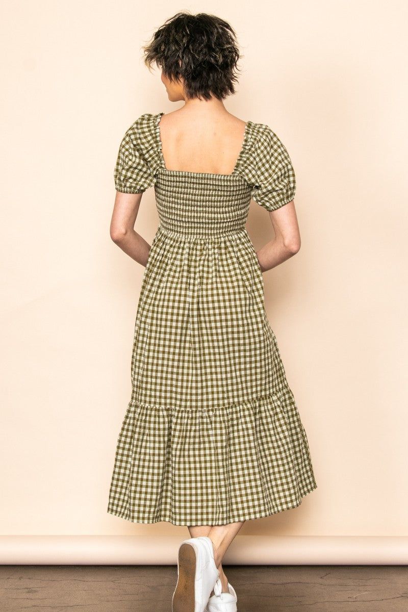 Olive Gingham Smocked Midi Dress sold by Pinkblush product image thumbnail 3