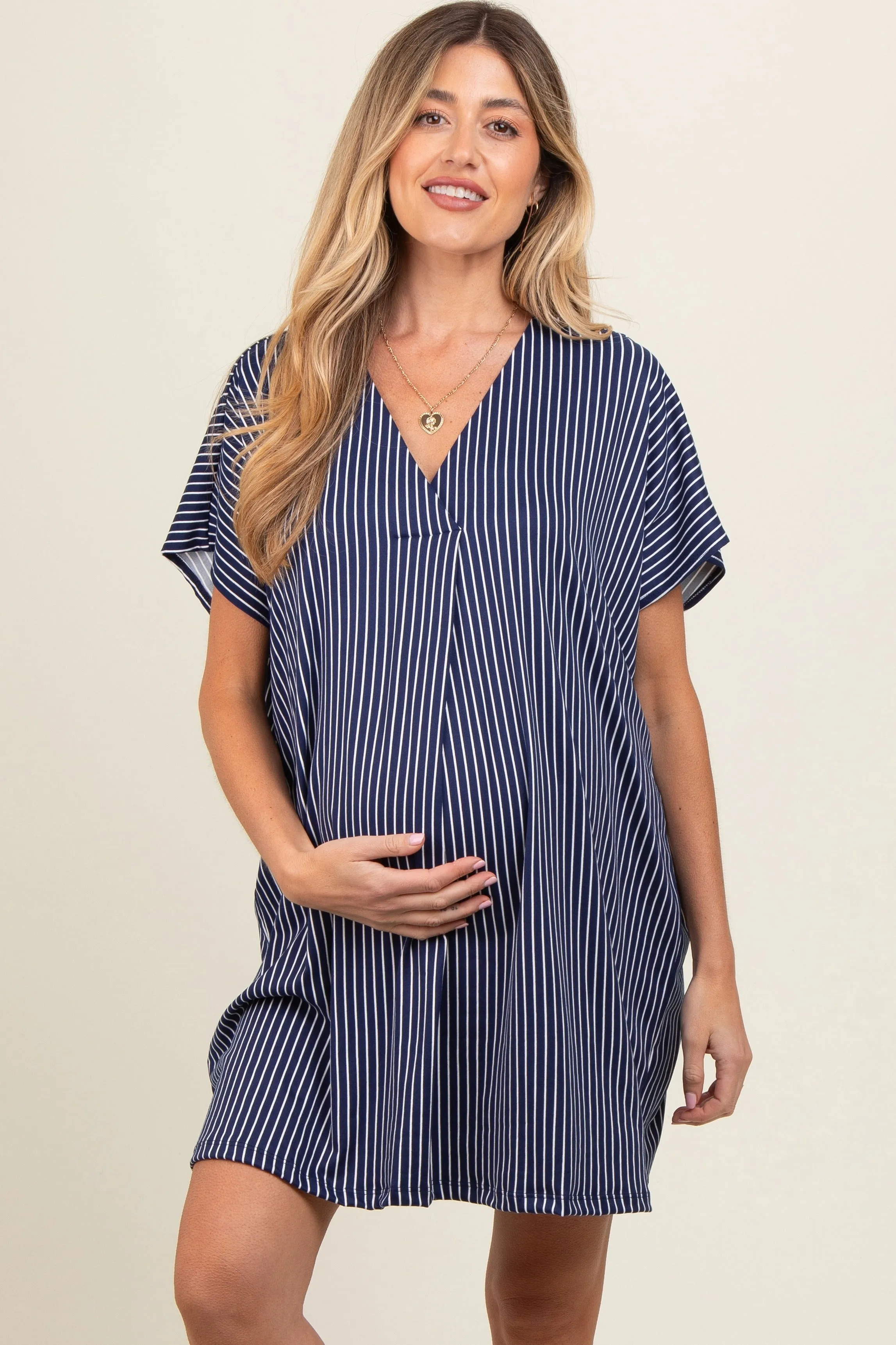 Navy Striped Soft Knit Maternity Dress sold by Pinkblush