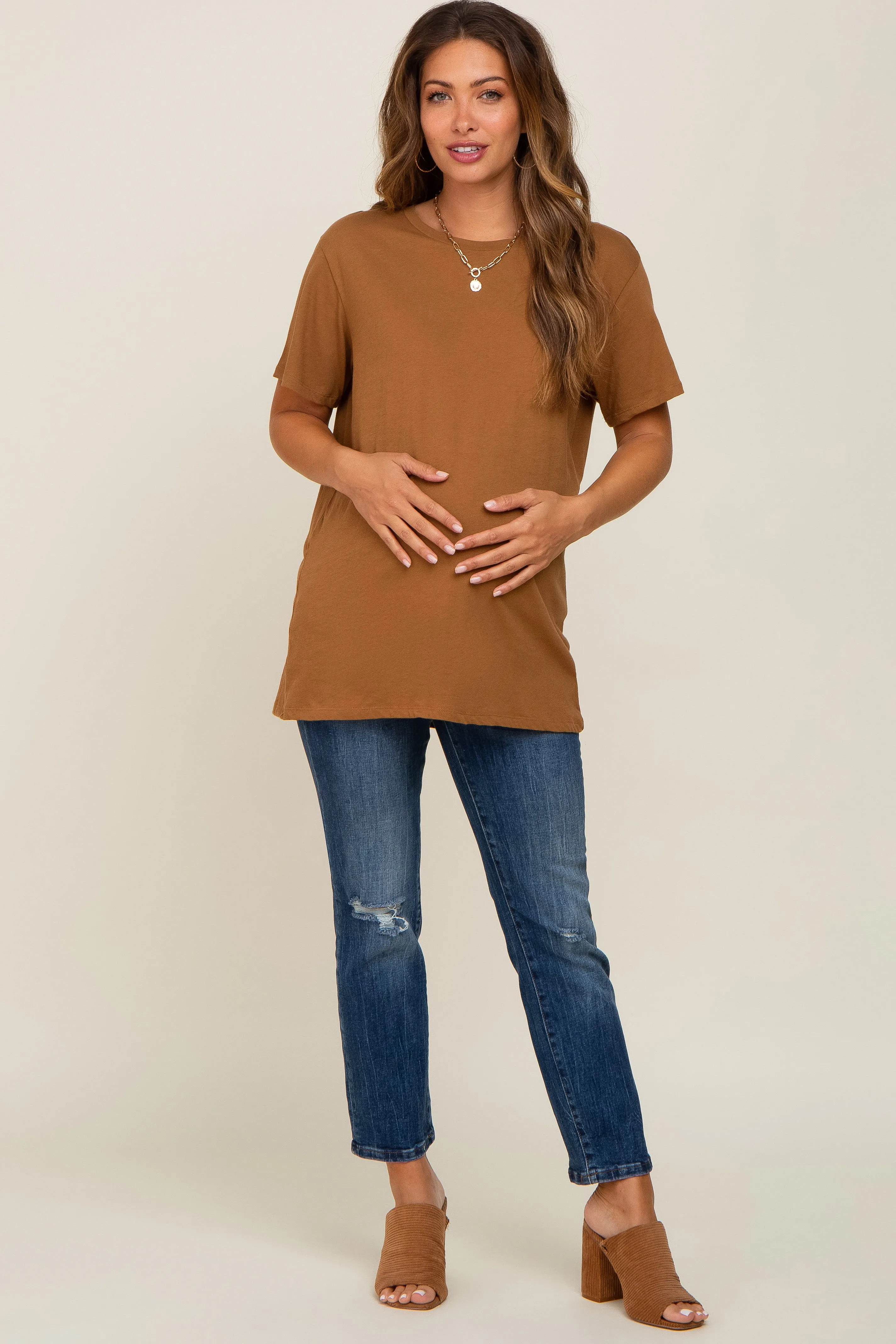 Camel Oversized Short Sleeve Maternity Top sold by Pinkblush product image thumbnail 4