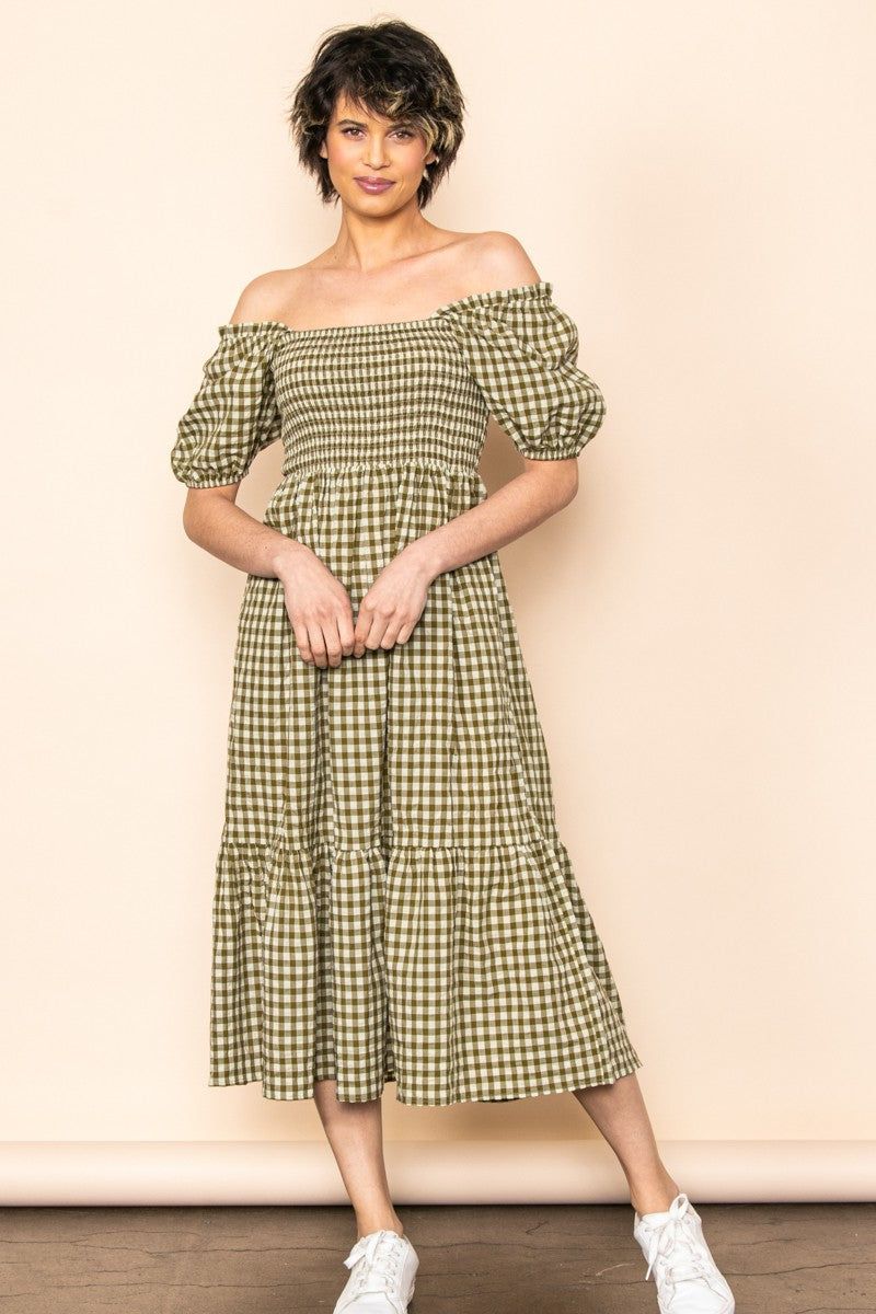 Olive Gingham Smocked Midi Dress sold by Pinkblush product image thumbnail 5