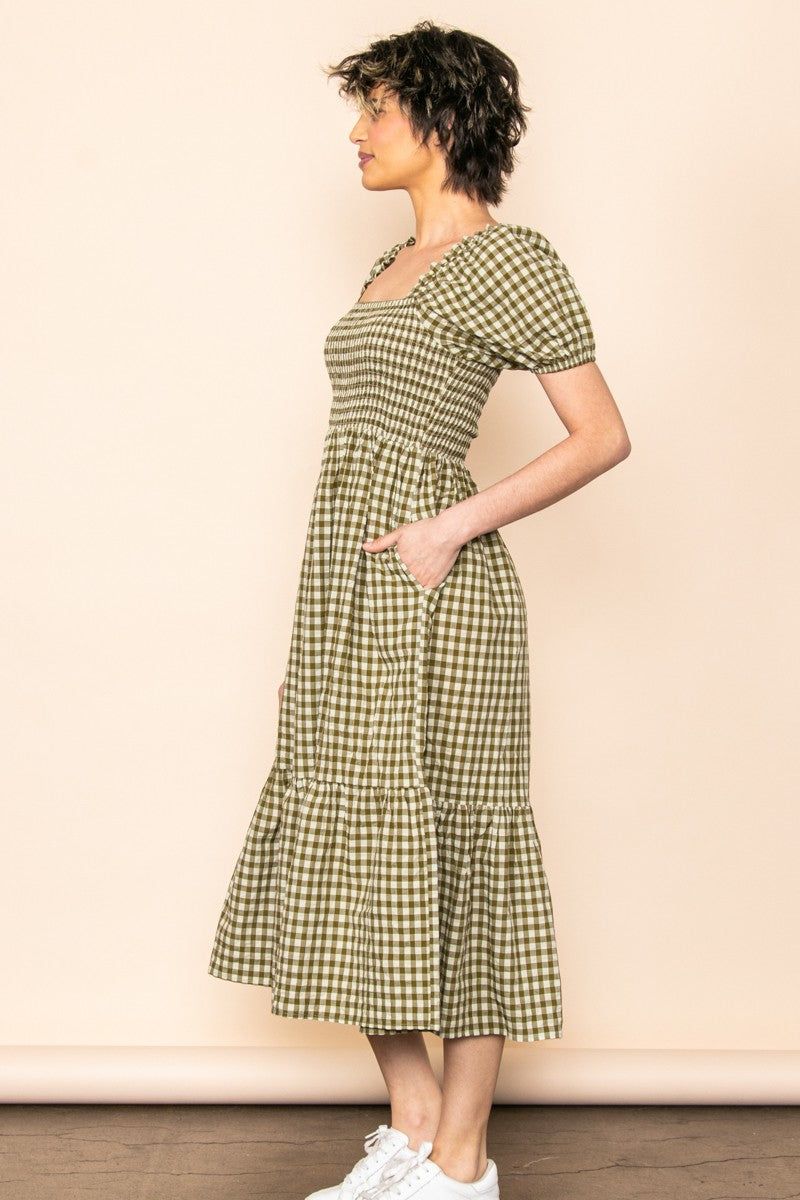 Olive Gingham Smocked Midi Dress sold by Pinkblush product image thumbnail 2
