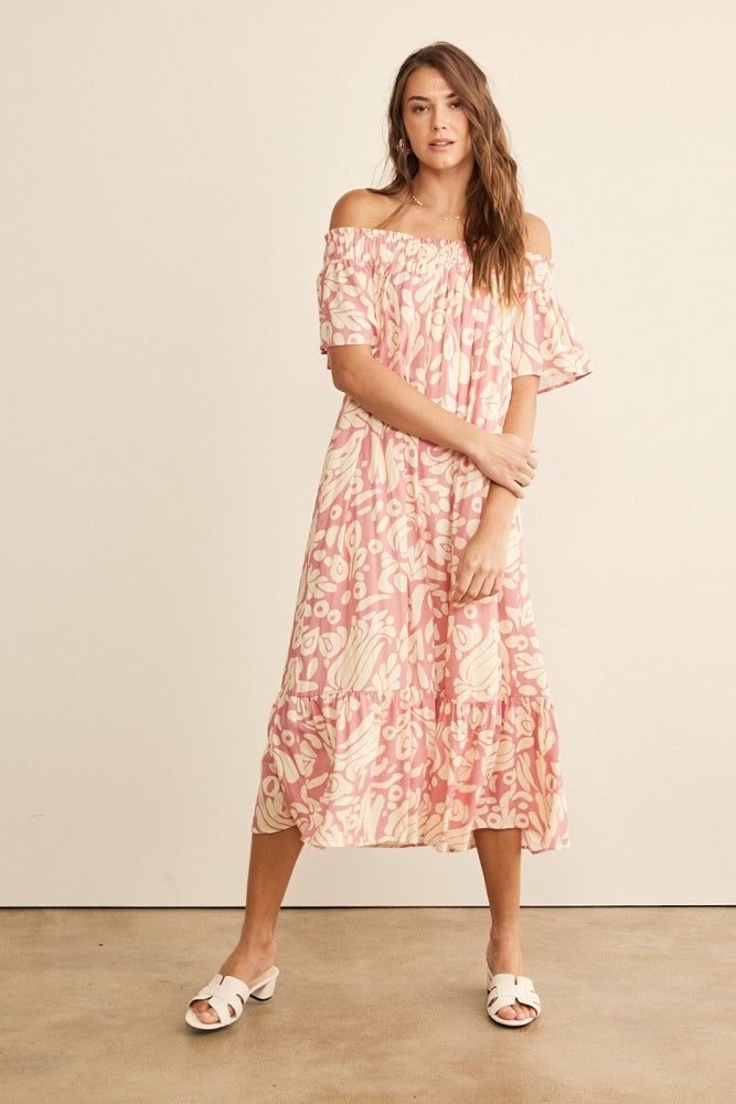 Rose Pink Off Shoulder Print Midi Dress sold by Pinkblush product image thumbnail 2