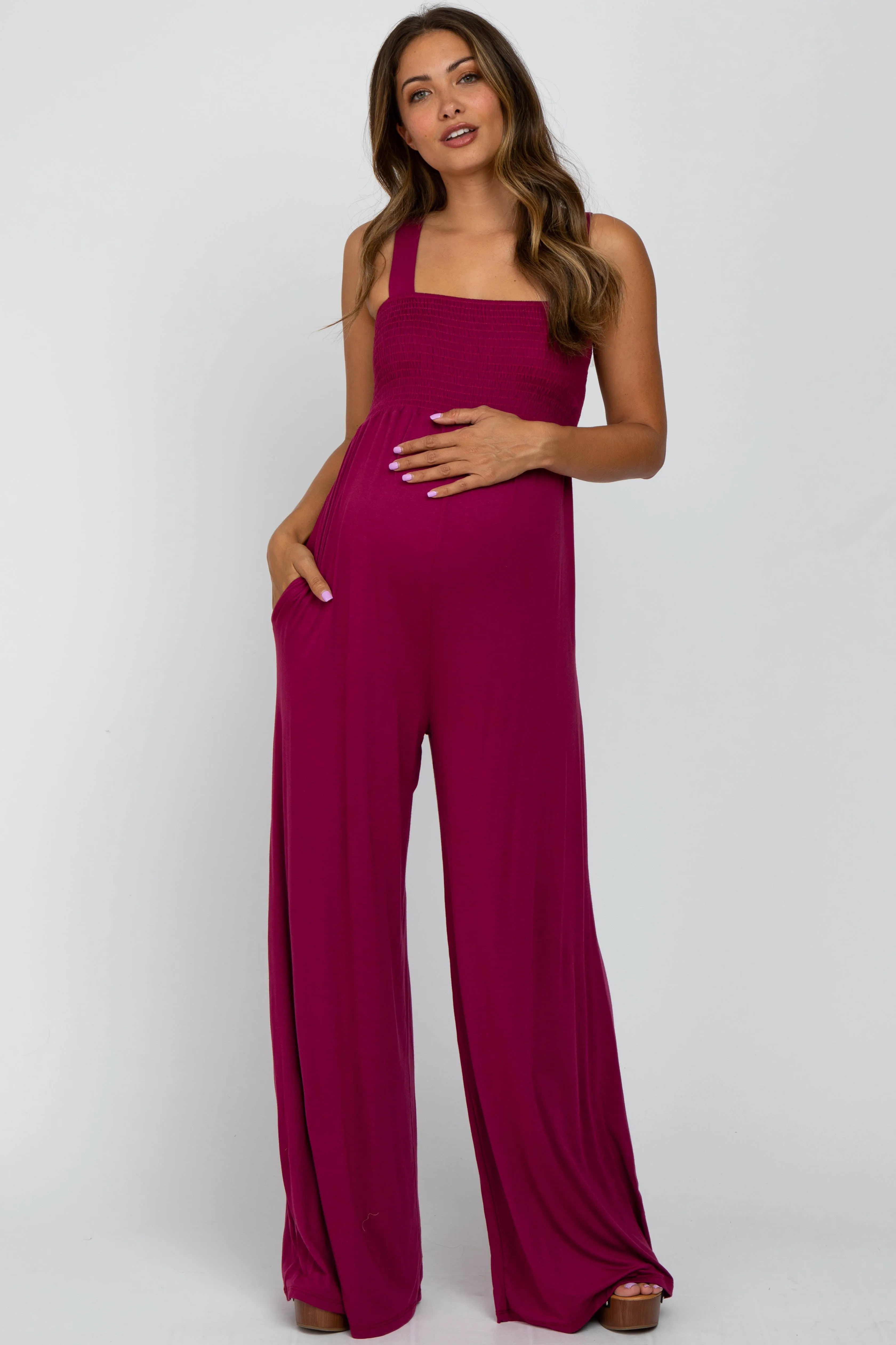 Magenta Sleeveless Wide Leg Maternity Jumpsuit sold by Pinkblush