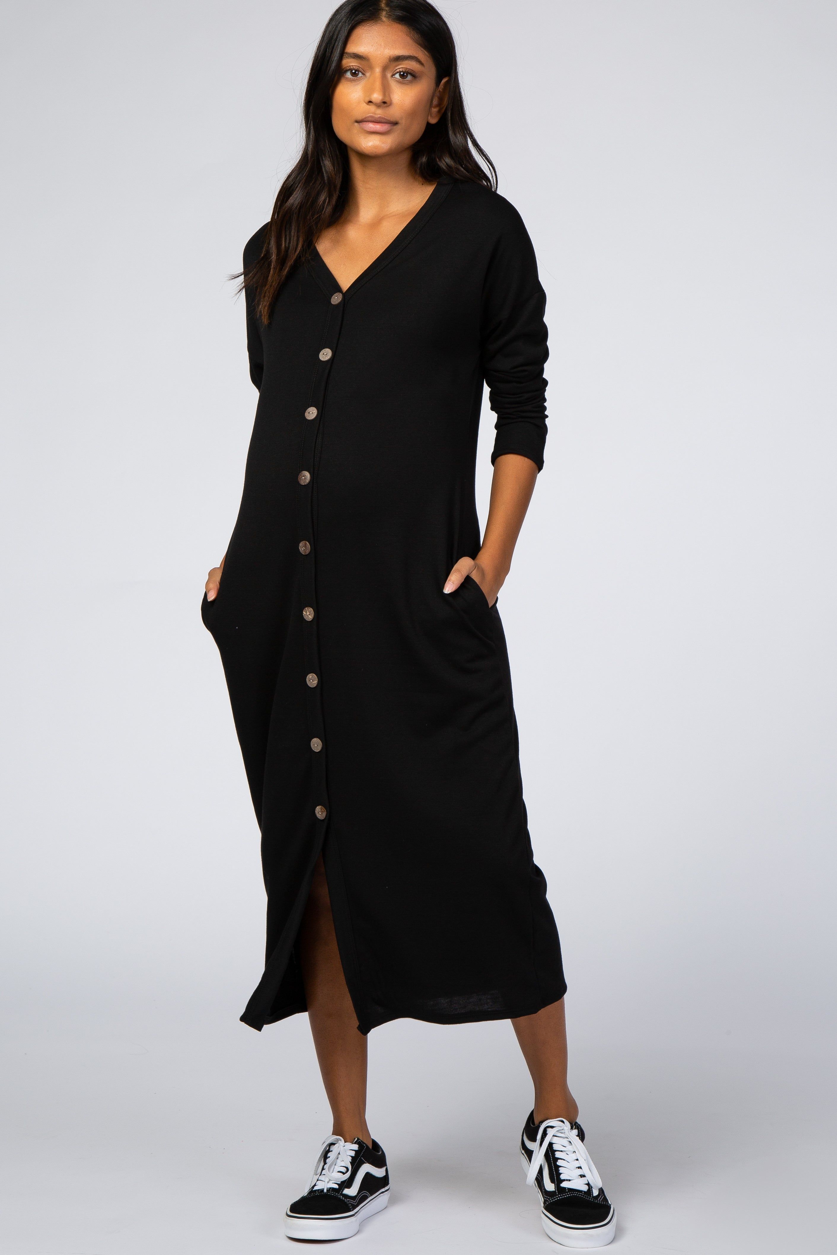 Black Button Down Long Sleeve Maternity Midi Dress sold by Pinkblush