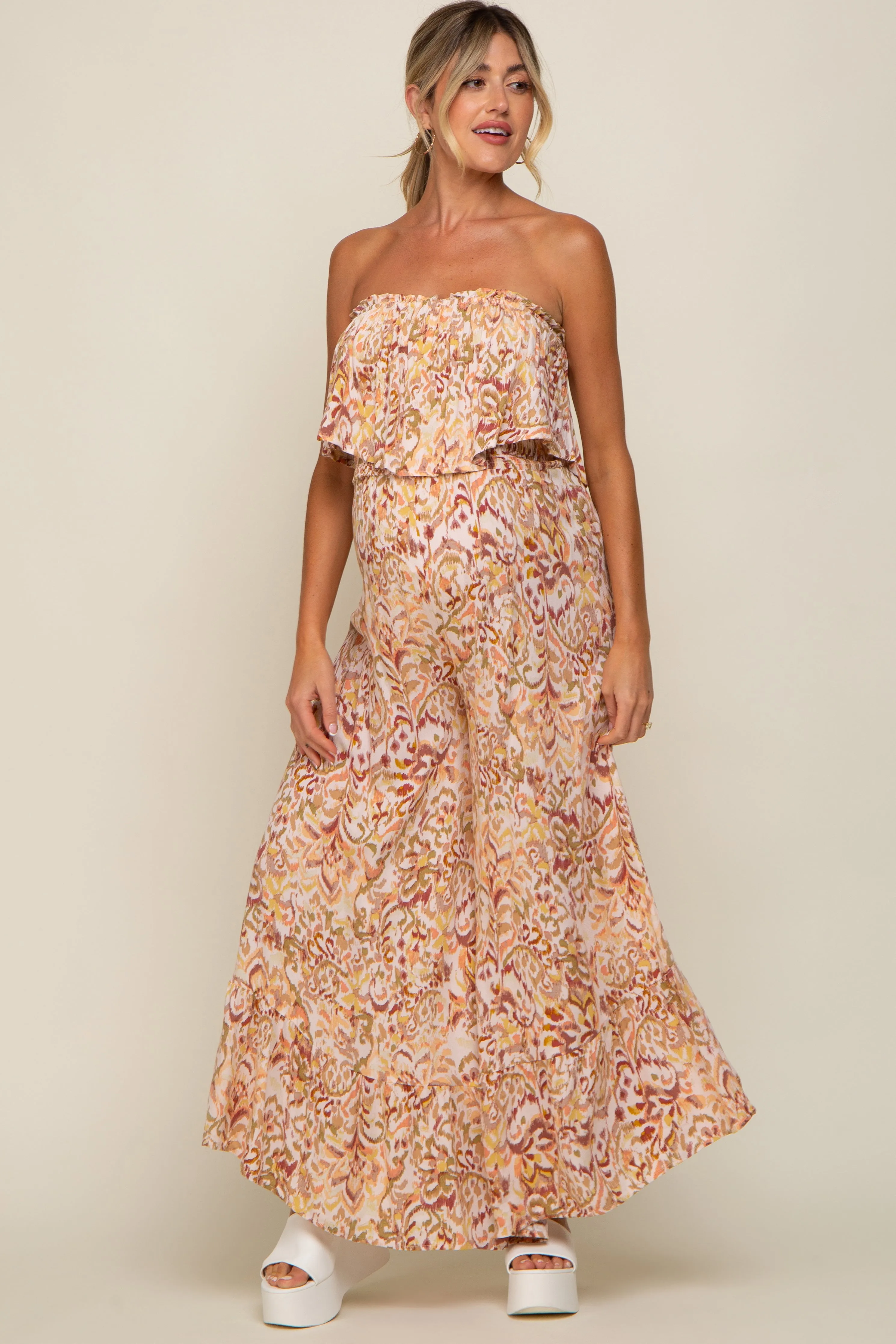 Coral Strapless Ruffle Overlay Maternity Jumpsuit sold by Pinkblush product image thumbnail 4