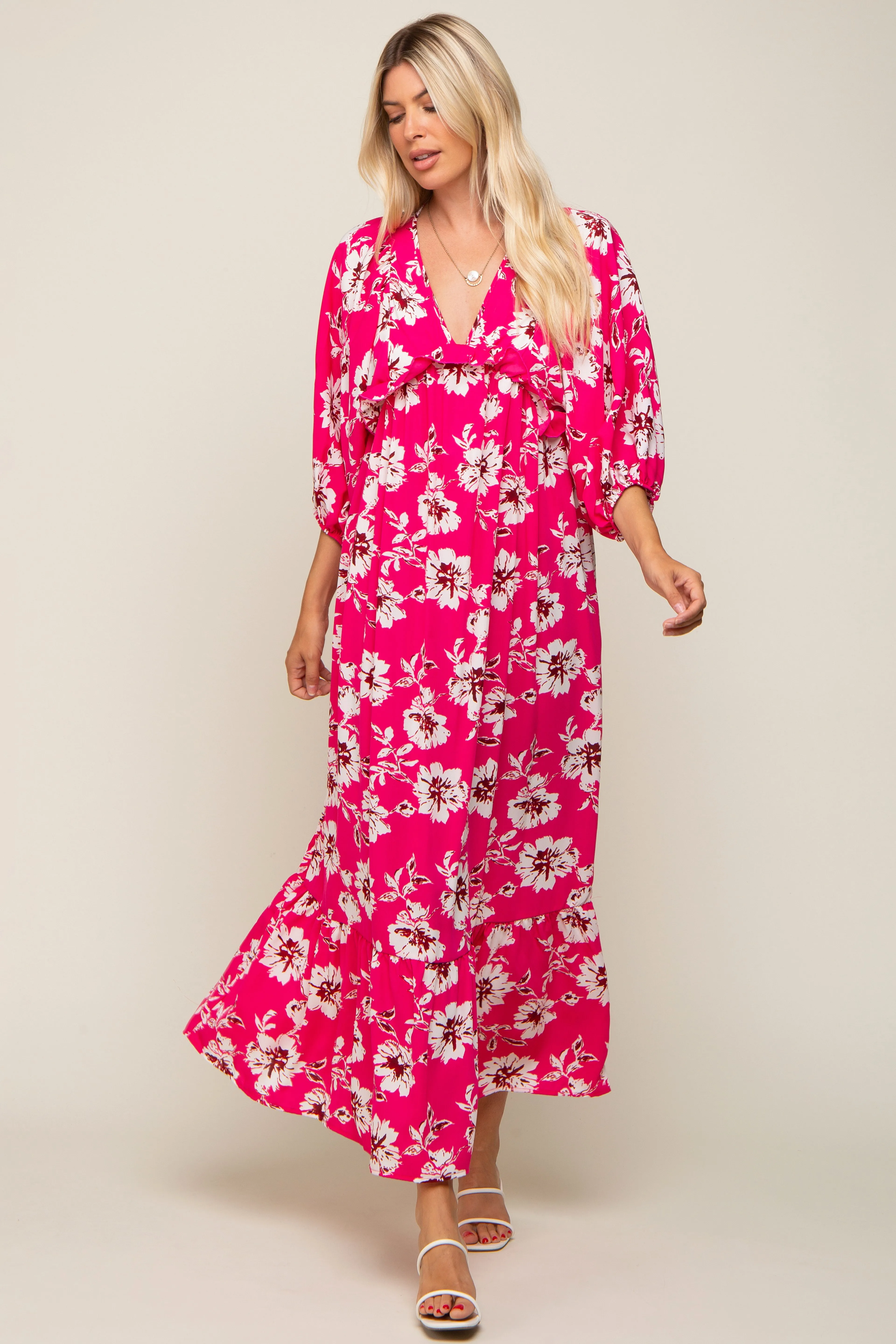 Fuchsia Floral V-Neck Dolman 3/4 Sleeve Maternity Midi Dress sold by Pinkblush product image thumbnail 5