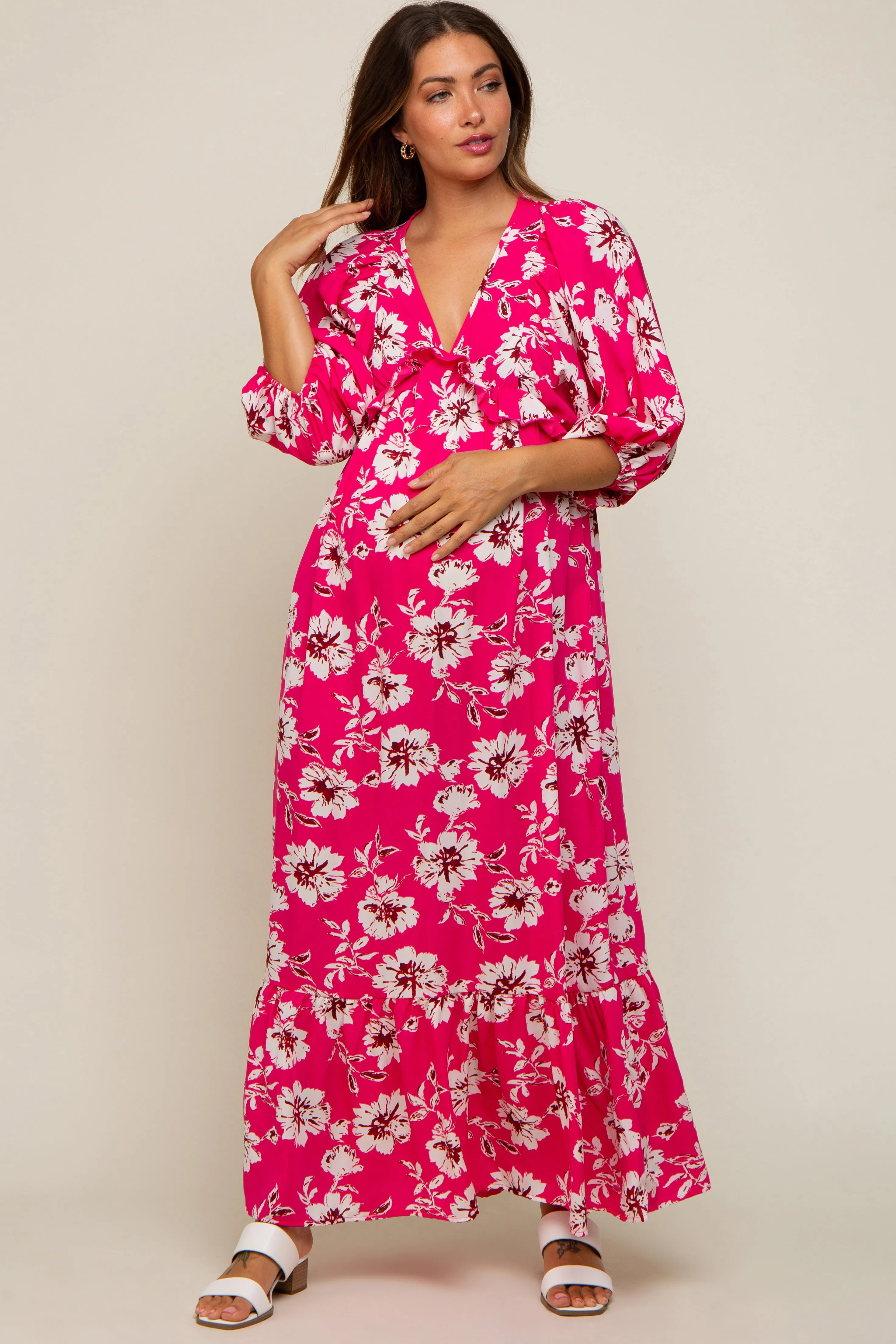 Fuchsia Floral V-Neck Dolman 3/4 Sleeve Maternity Midi Dress sold by Pinkblush product image thumbnail 2