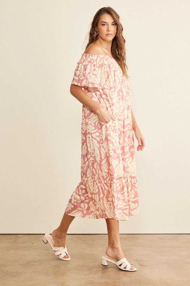 Rose Pink Off Shoulder Print Midi Dress sold by Pinkblush product image thumbnail 3