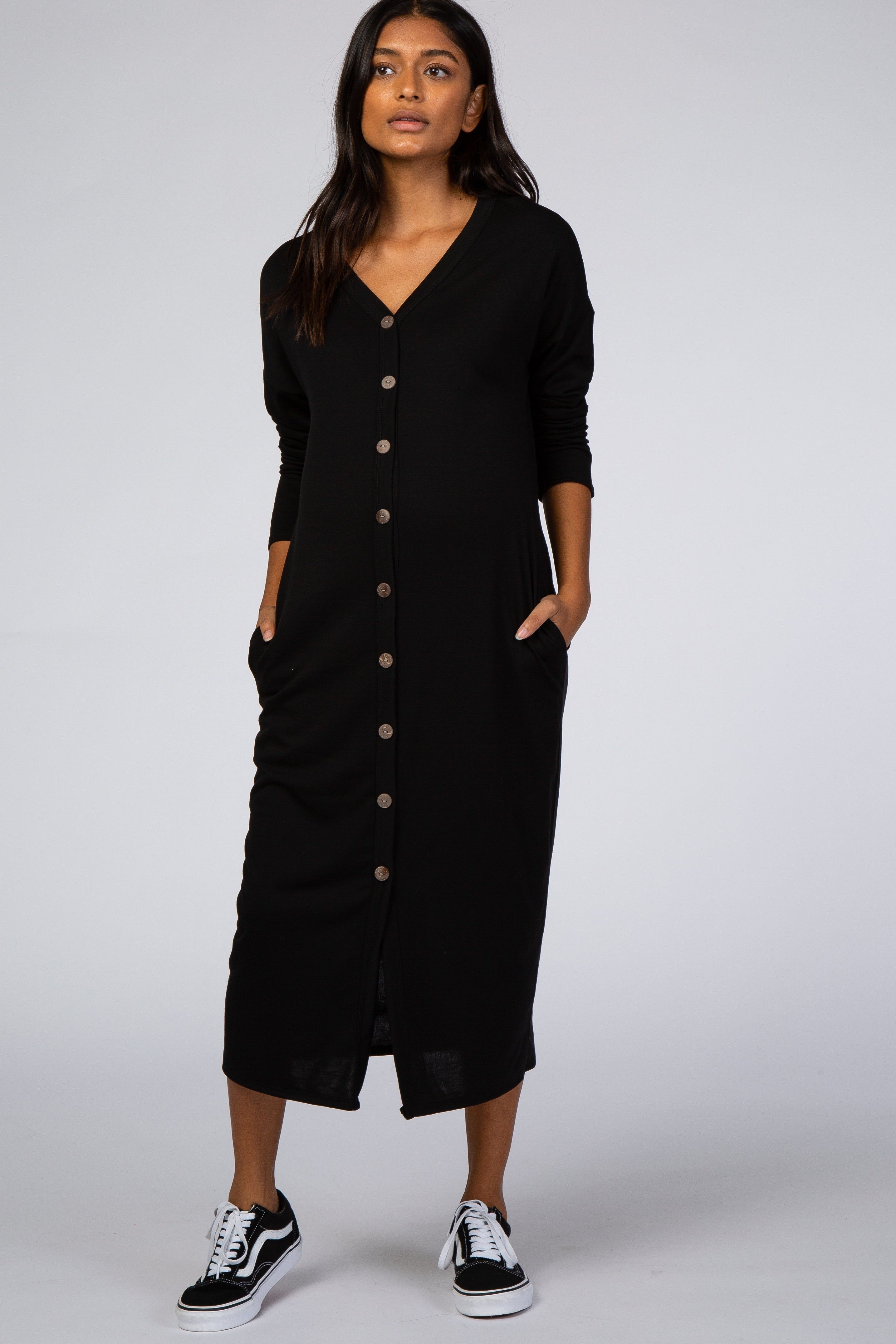 Black Button Down Long Sleeve Maternity Midi Dress sold by Pinkblush product image thumbnail 5