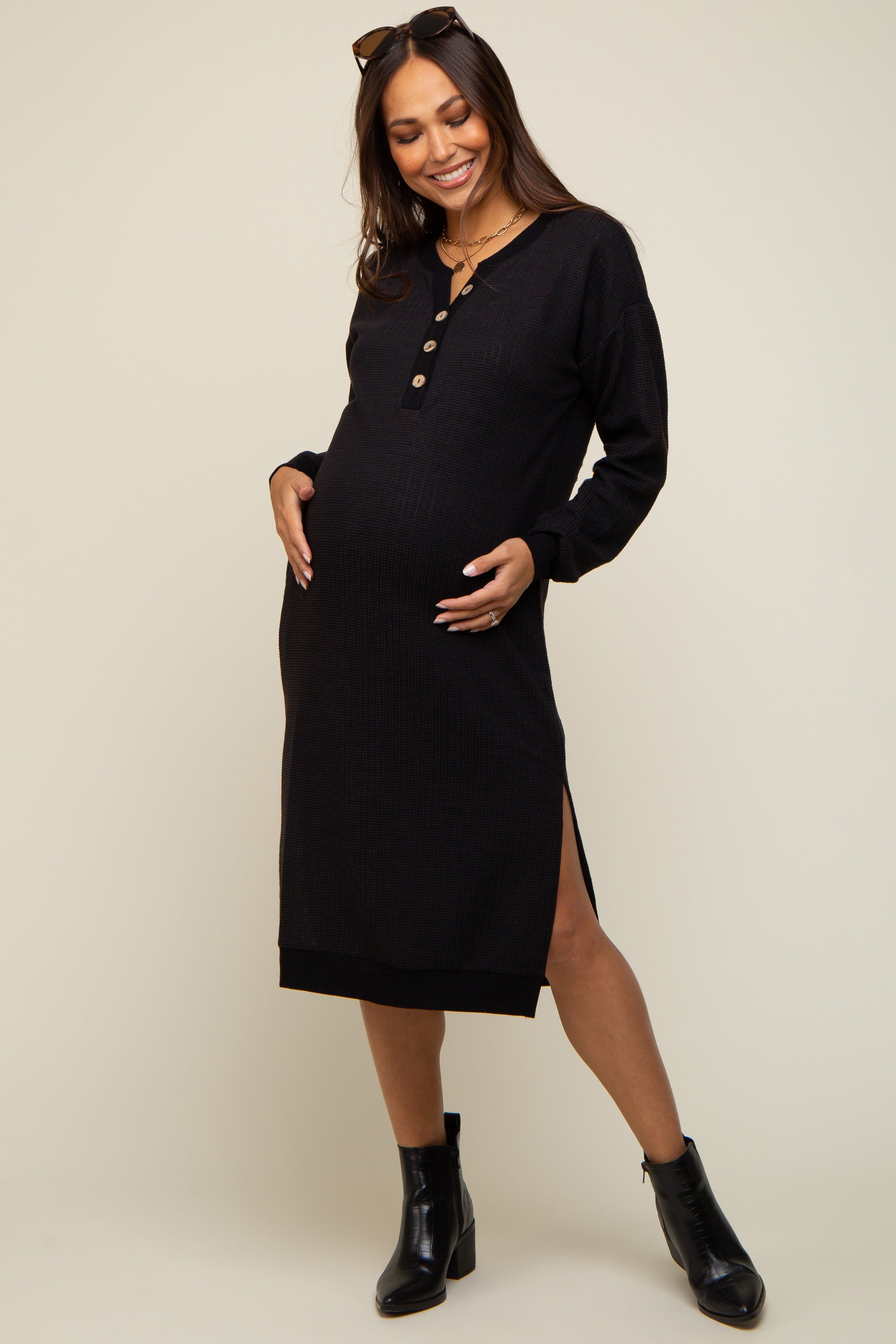 Black Waffle Knit Long Sleeve Maternity Midi Dress sold by Pinkblush product image thumbnail 4