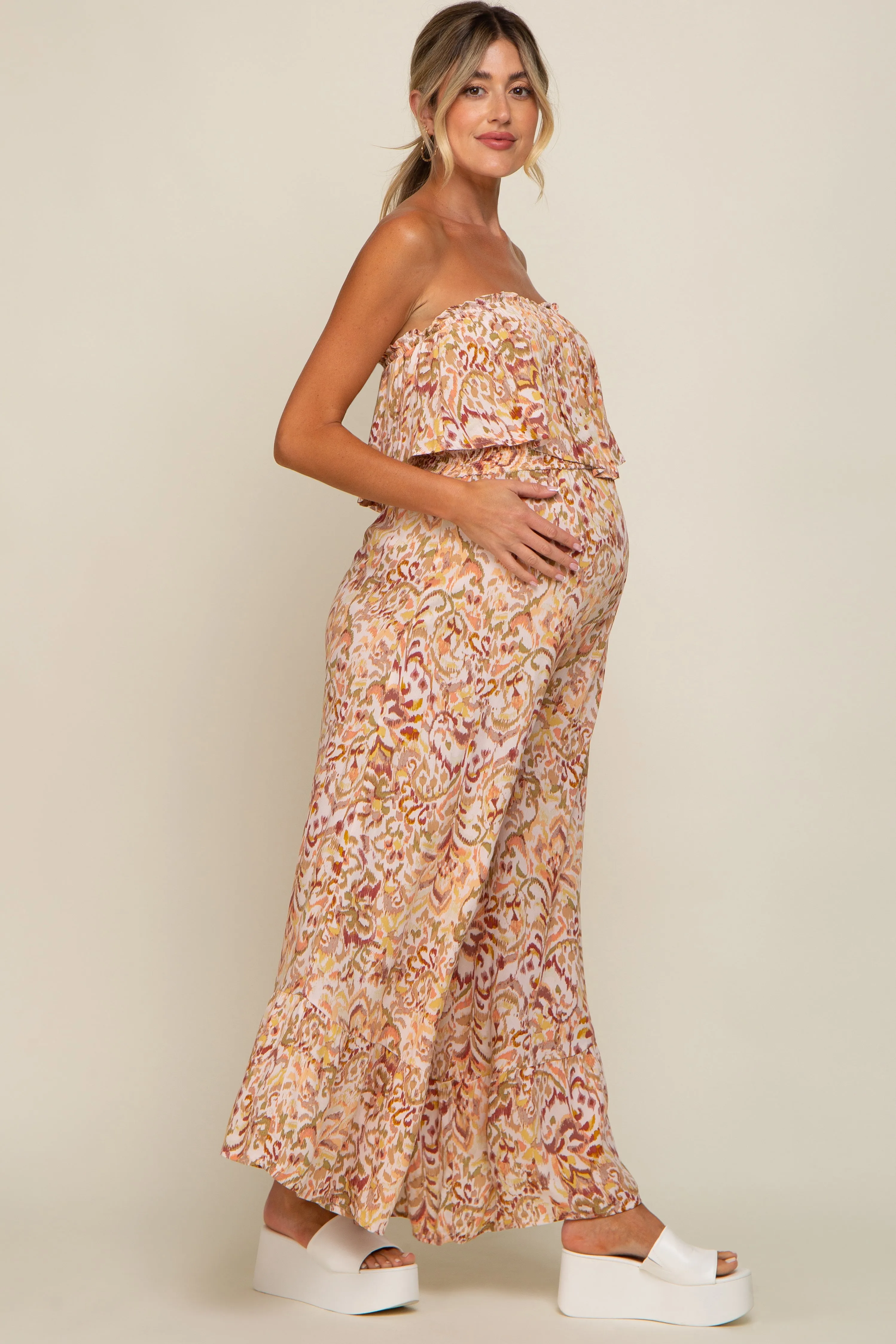 Coral Strapless Ruffle Overlay Maternity Jumpsuit sold by Pinkblush product image thumbnail 2